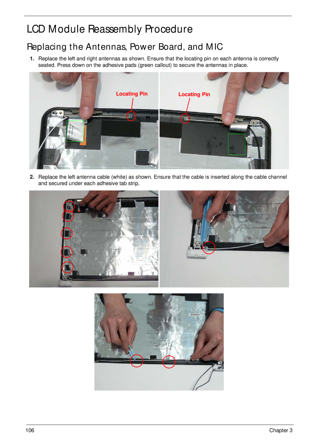 Packard Bell LJ65 manual LCD Module Reassembly Procedure, Replacing the Antennas, Power Board, and MIC 