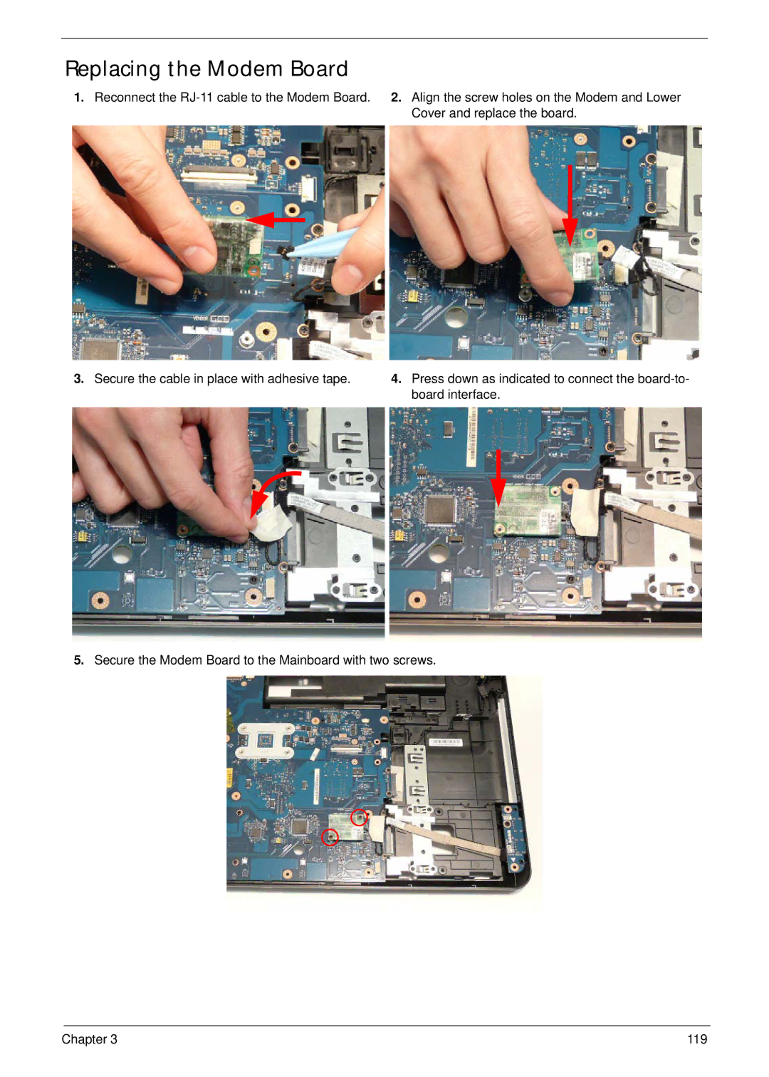 Packard Bell LJ65 manual Replacing the Modem Board 