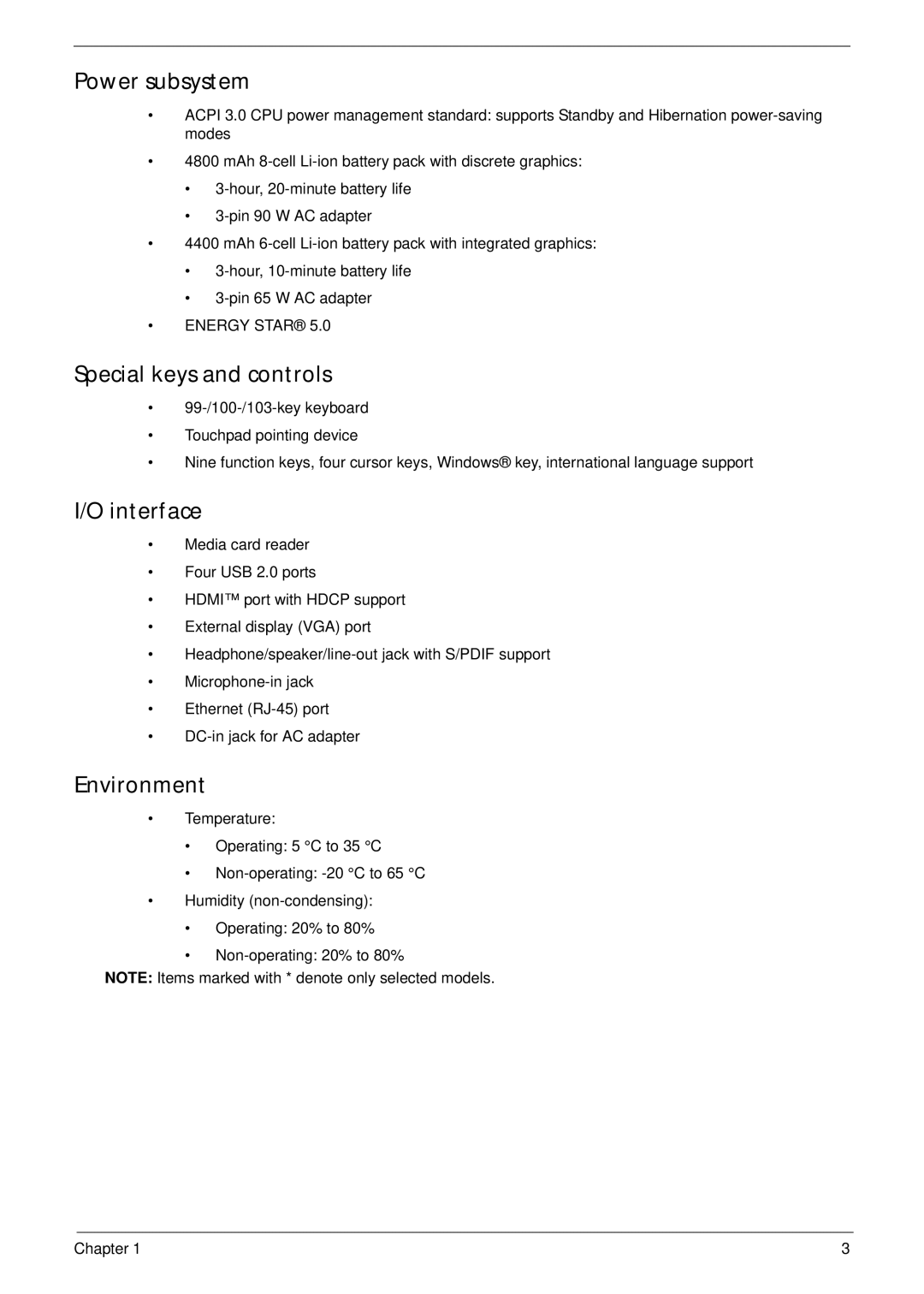 Packard Bell LJ65 manual Power subsystem, Special keys and controls, Interface, Environment, Energy Star 