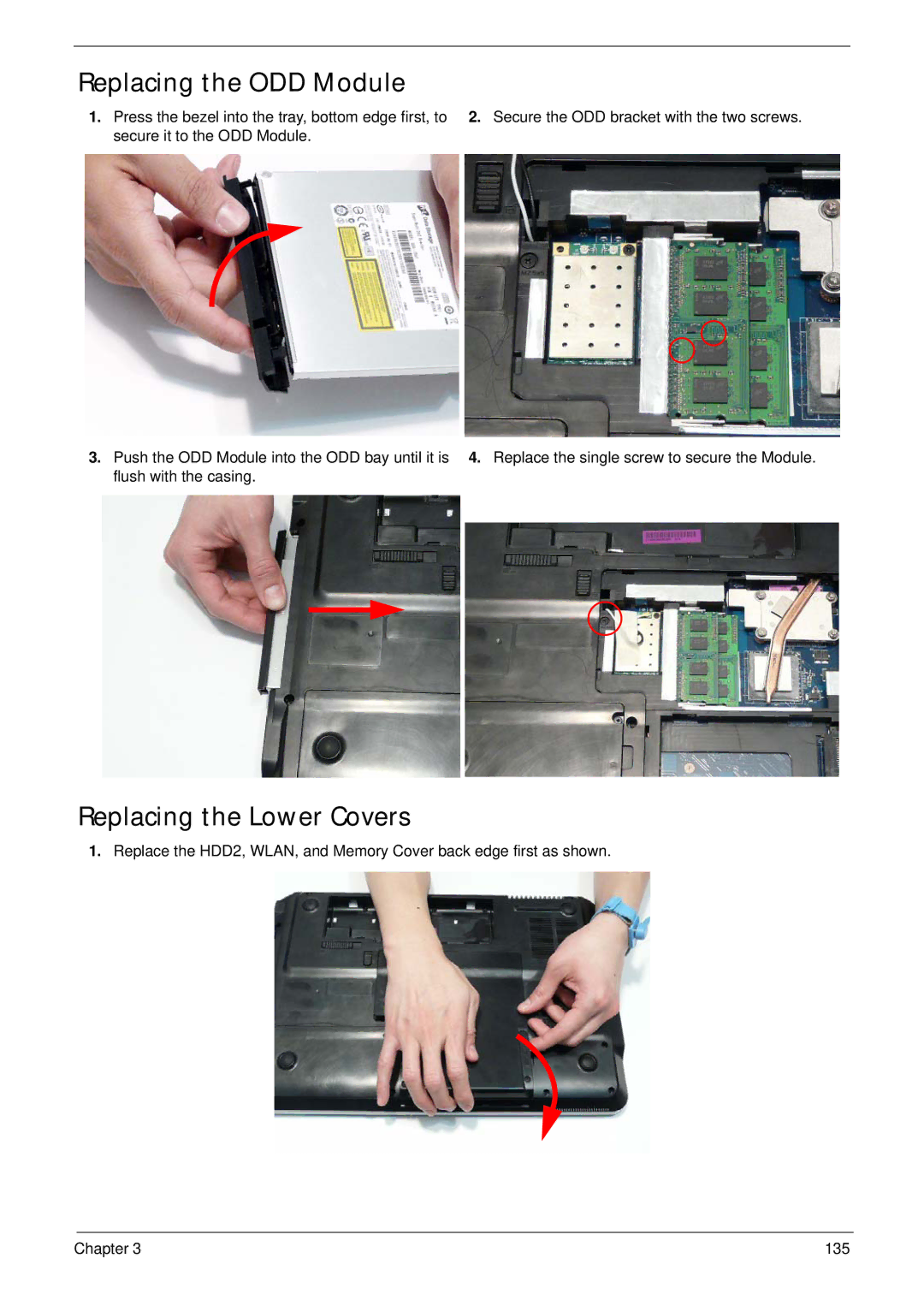 Packard Bell LJ65 manual Replacing the ODD Module, Replacing the Lower Covers 