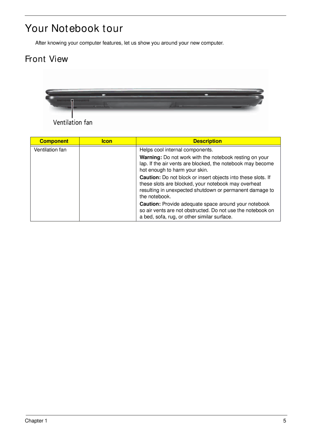 Packard Bell LJ65 manual Your Notebook tour, Front View, Component Icon Description 