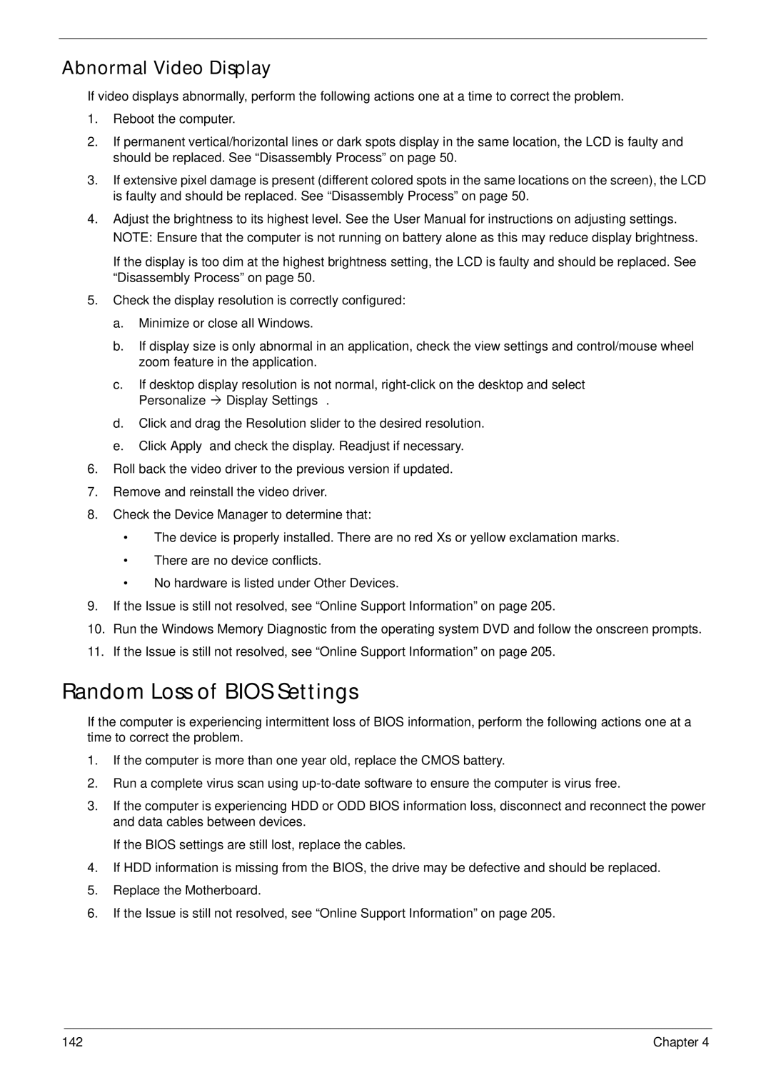 Packard Bell LJ65 manual Random Loss of Bios Settings, Abnormal Video Display 