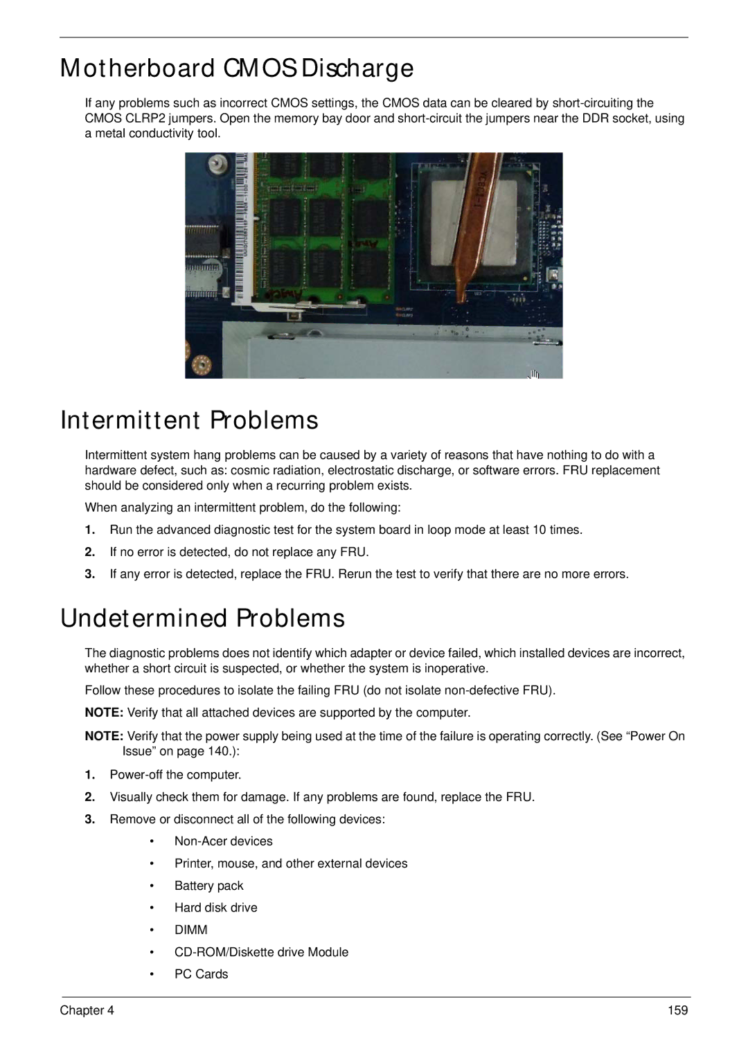 Packard Bell LJ65 manual Motherboard Cmos Discharge, Intermittent Problems, Undetermined Problems, Dimm 