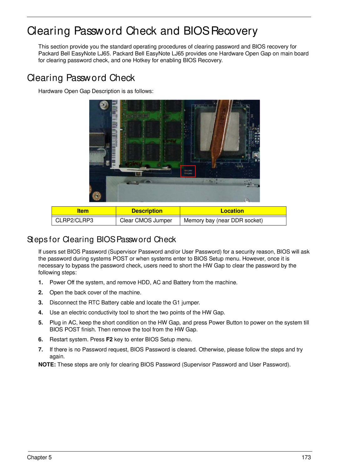 Packard Bell LJ65 Clearing Password Check and Bios Recovery, Steps for Clearing Bios Password Check, Description Location 