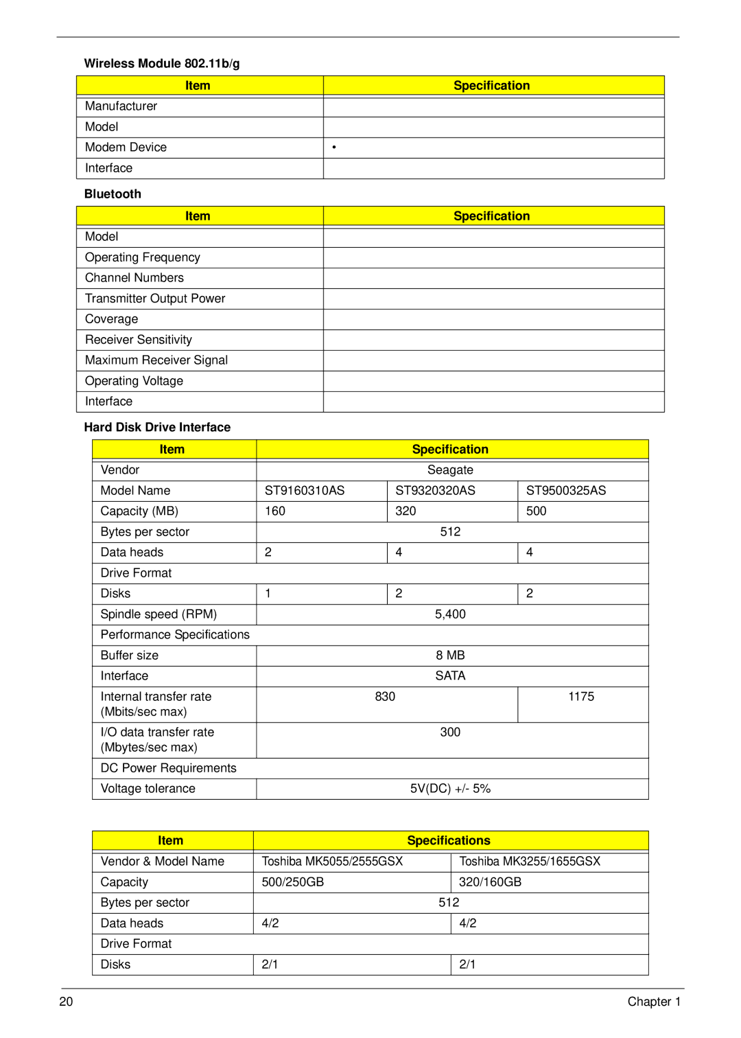 Packard Bell LJ65 manual Wireless Module 802.11b/g Specification, Bluetooth Specification, Sata, Specifications 