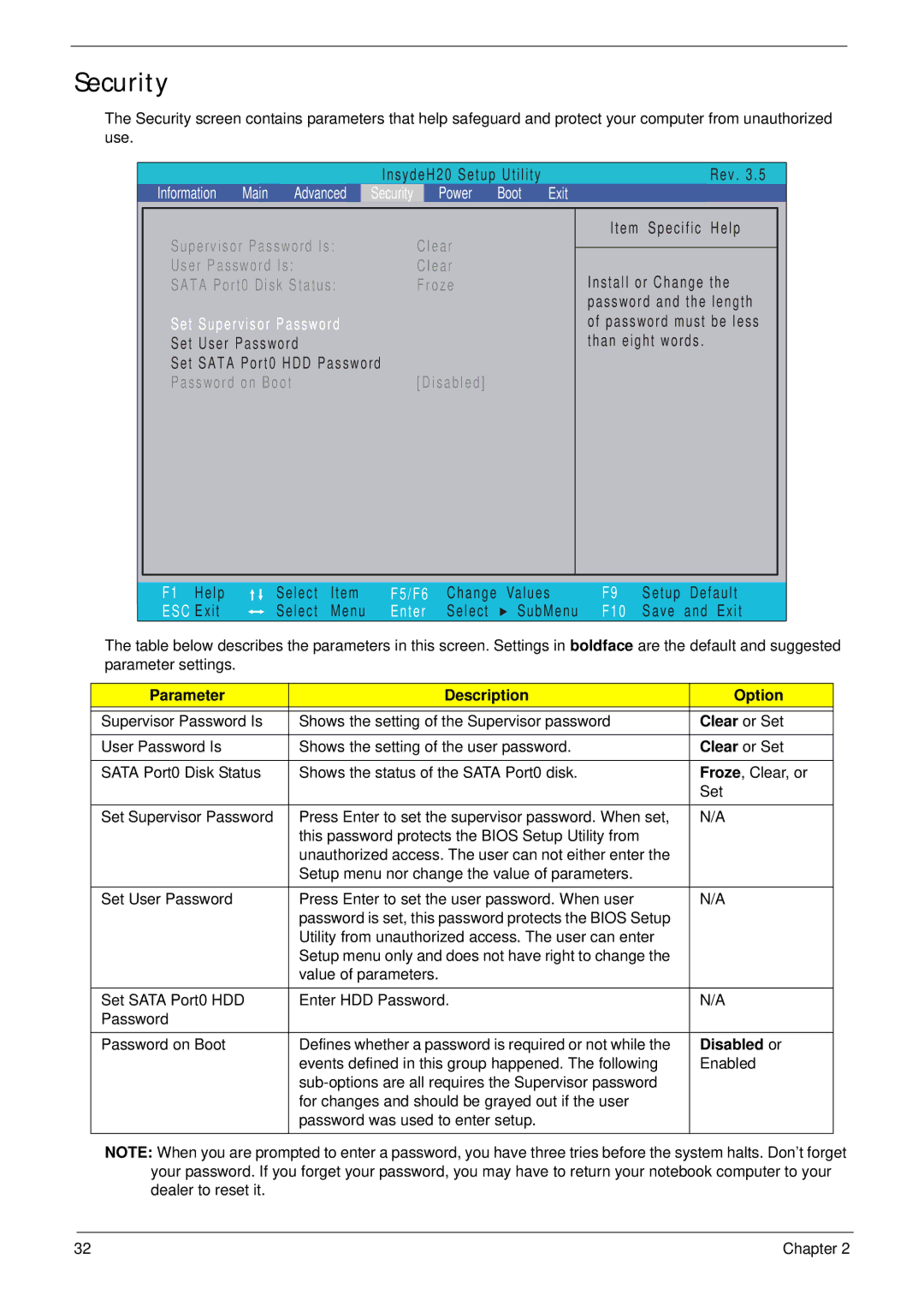 Packard Bell LJ65 manual Security, Parameter Description Option, Clear or Set, Disabled or 