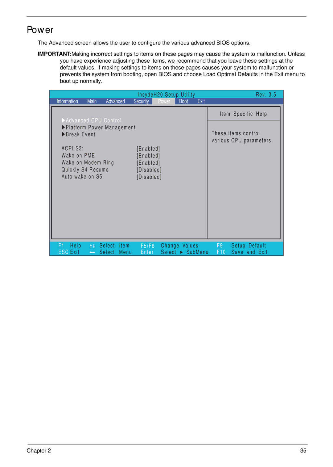 Packard Bell LJ65 manual Power, Acpi S3 