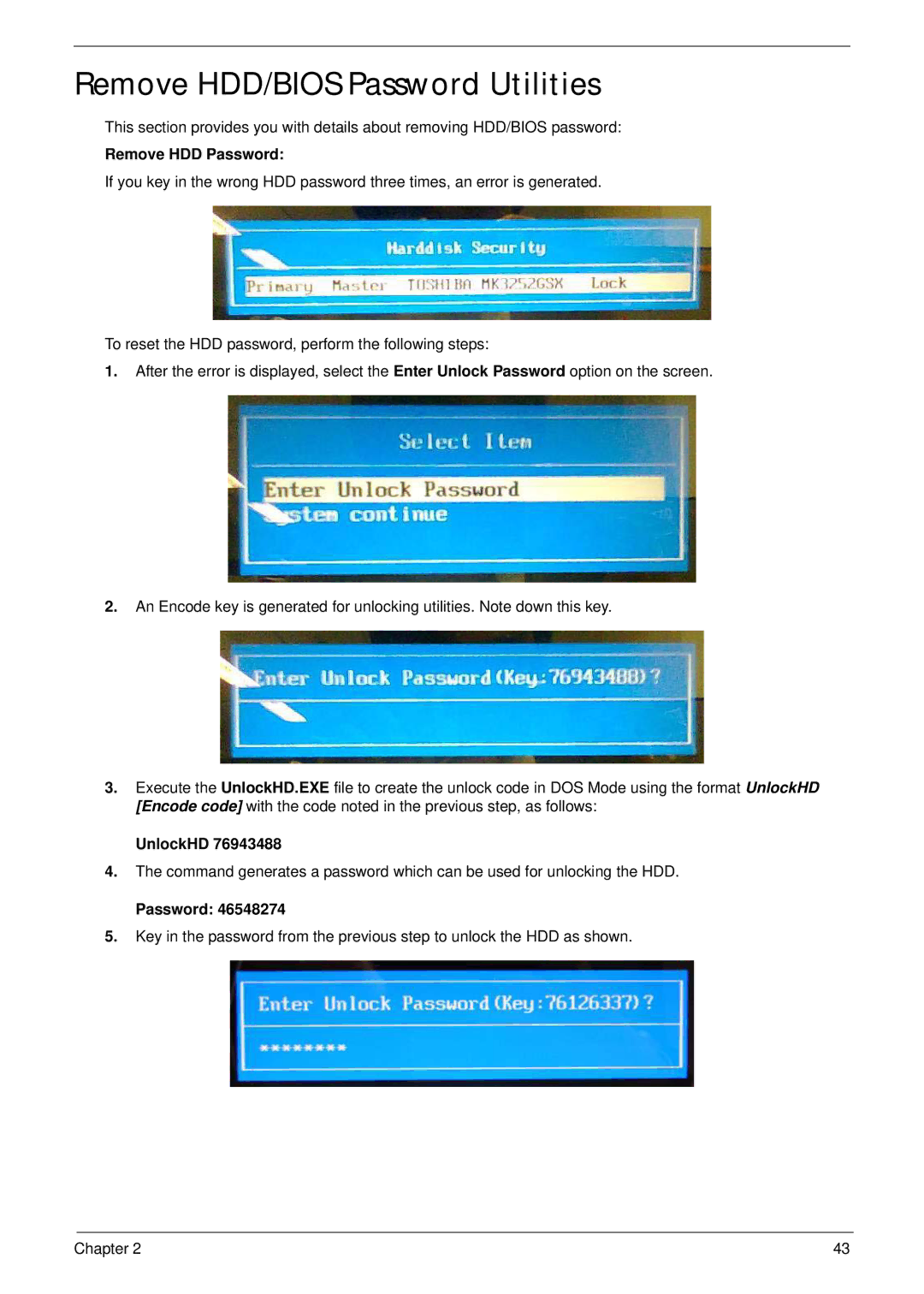 Packard Bell LJ65 manual Remove HDD/BIOS Password Utilities, Remove HDD Password, UnlockHD 