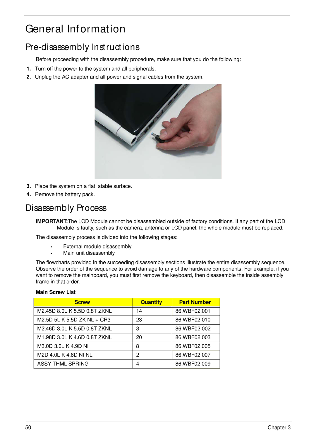 Packard Bell LJ65 manual General Information, Pre-disassembly Instructions, Disassembly Process, Assy Thml Spring 