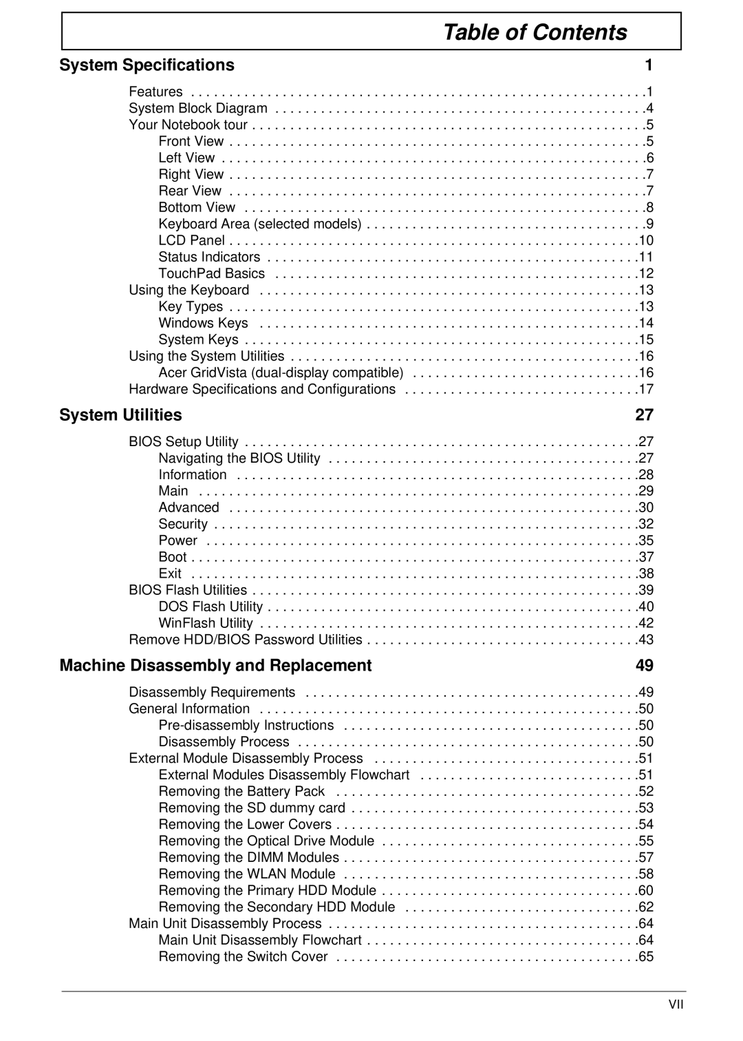 Packard Bell LJ65 manual Table of Contents 