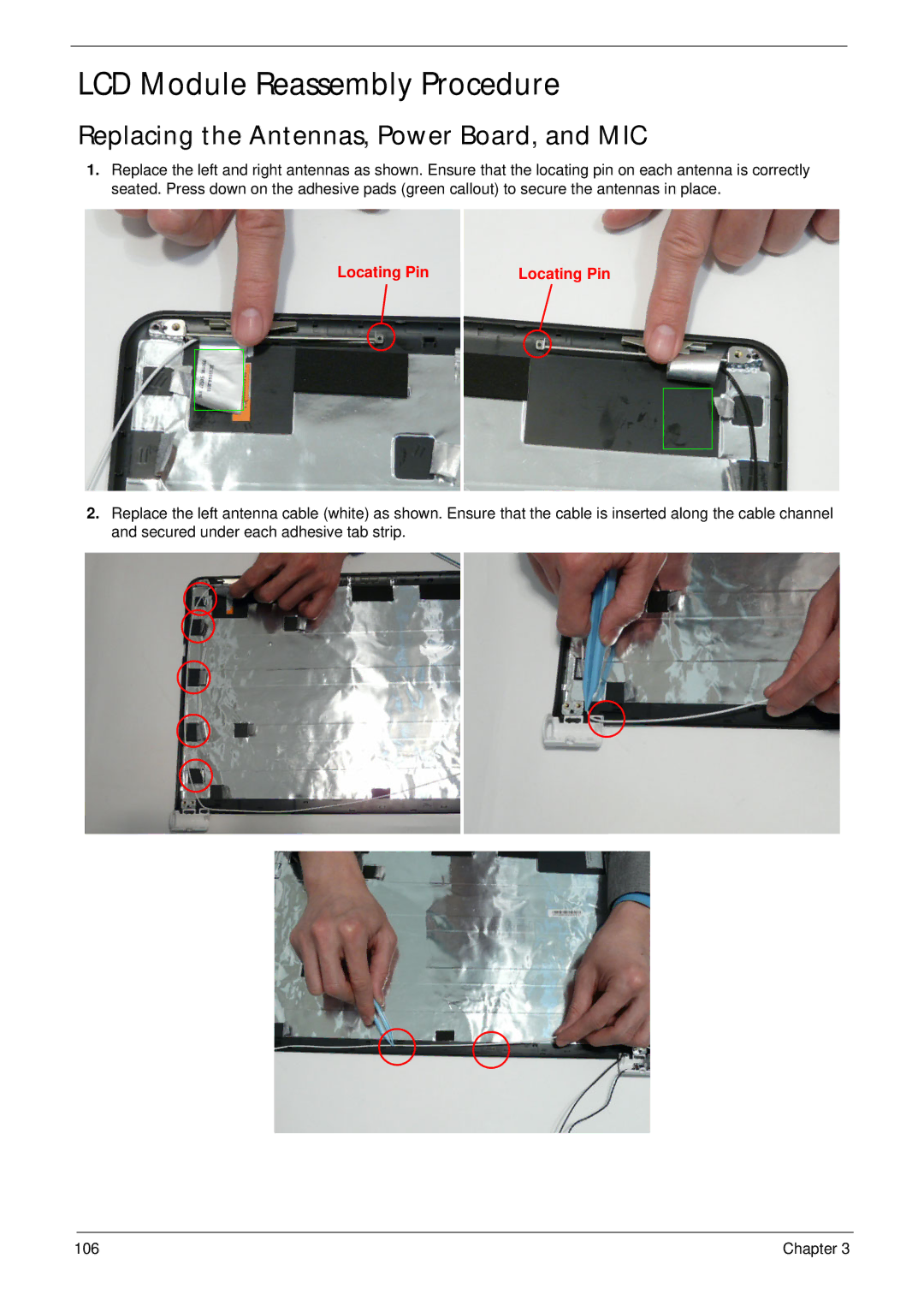 Packard Bell LJ77, LJ75 manual LCD Module Reassembly Procedure, Replacing the Antennas, Power Board, and MIC 