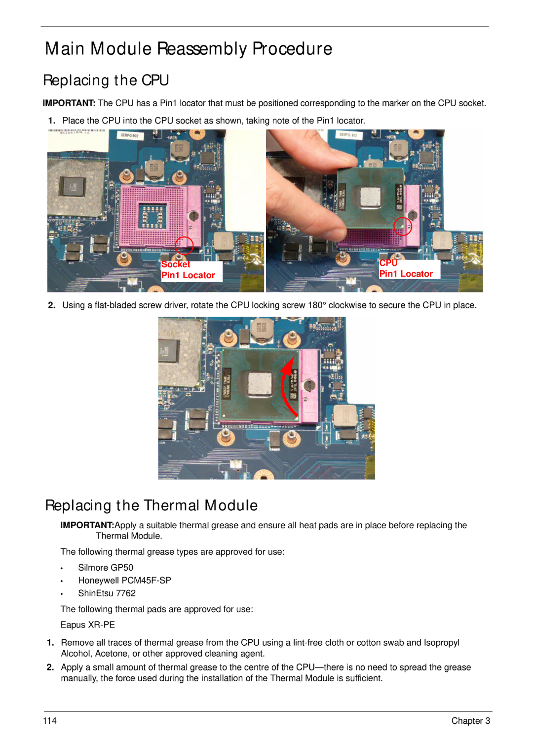 Packard Bell LJ77, LJ75 manual Main Module Reassembly Procedure, Replacing the CPU, Replacing the Thermal Module 