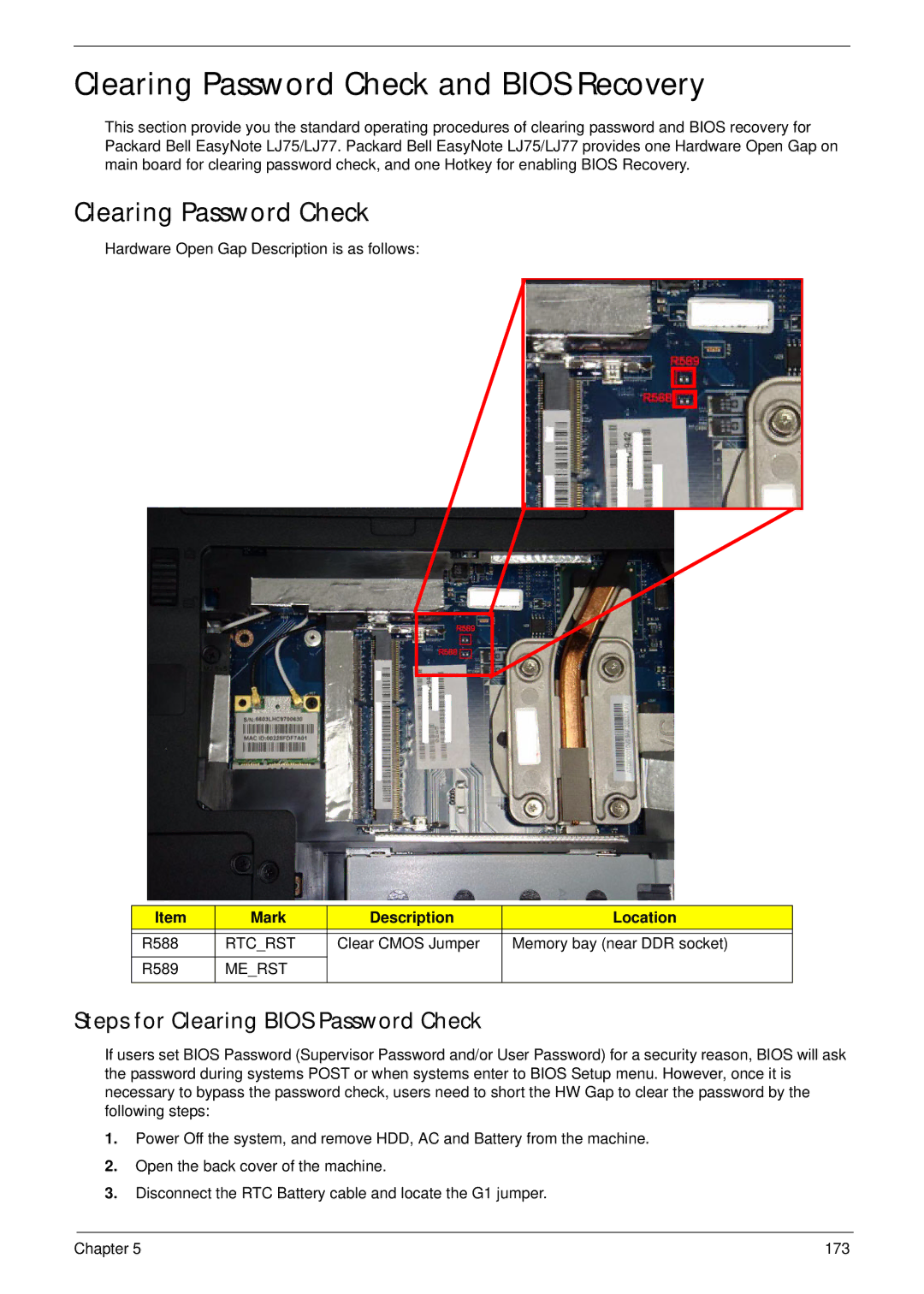 Packard Bell LJ75, LJ77 manual Clearing Password Check and Bios Recovery, Steps for Clearing Bios Password Check 