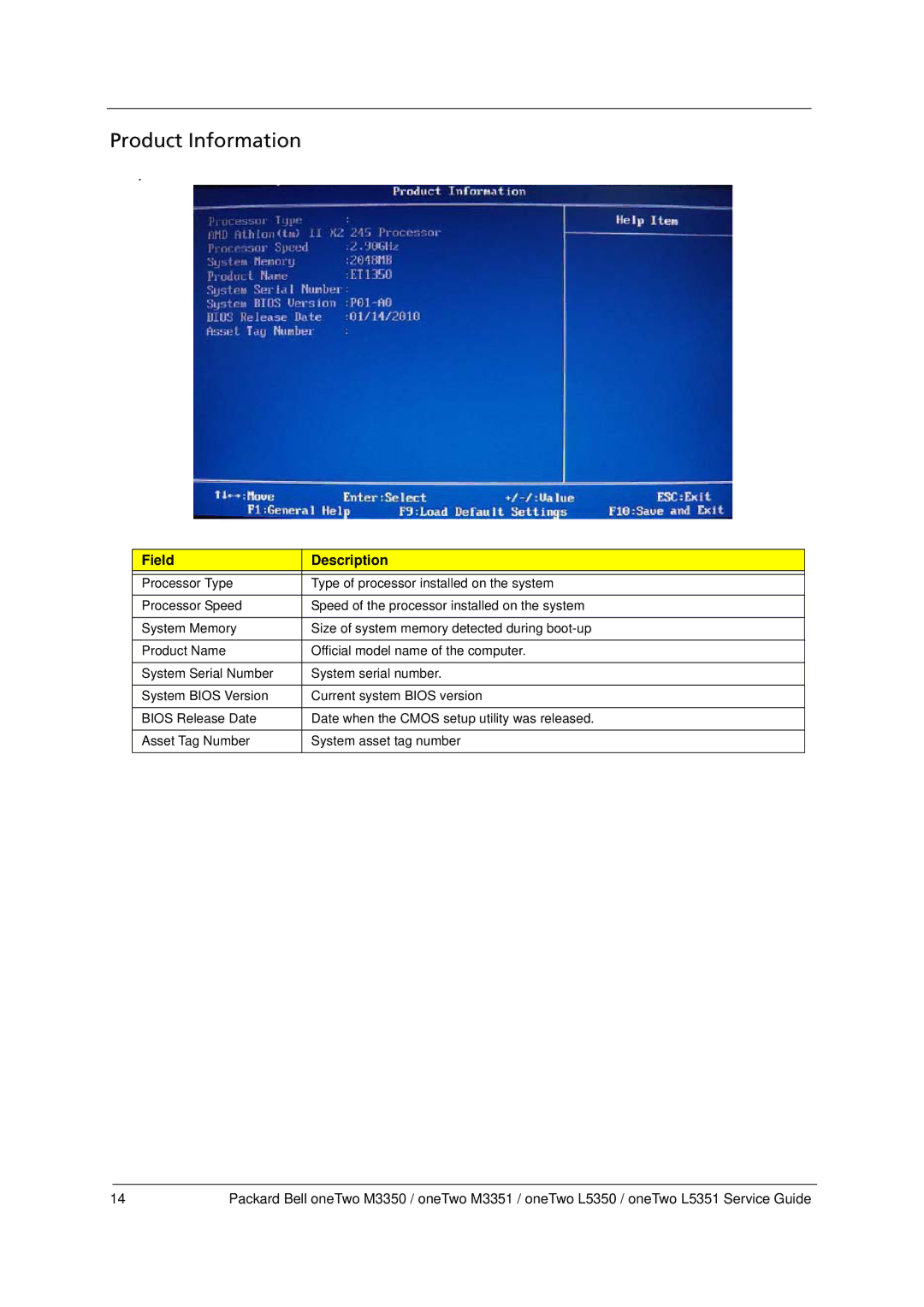 Packard Bell M3350 manual Product Information, Field Description 