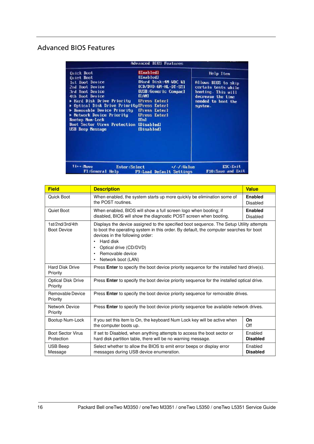 Packard Bell M3350 manual Advanced Bios Features, Enabled 