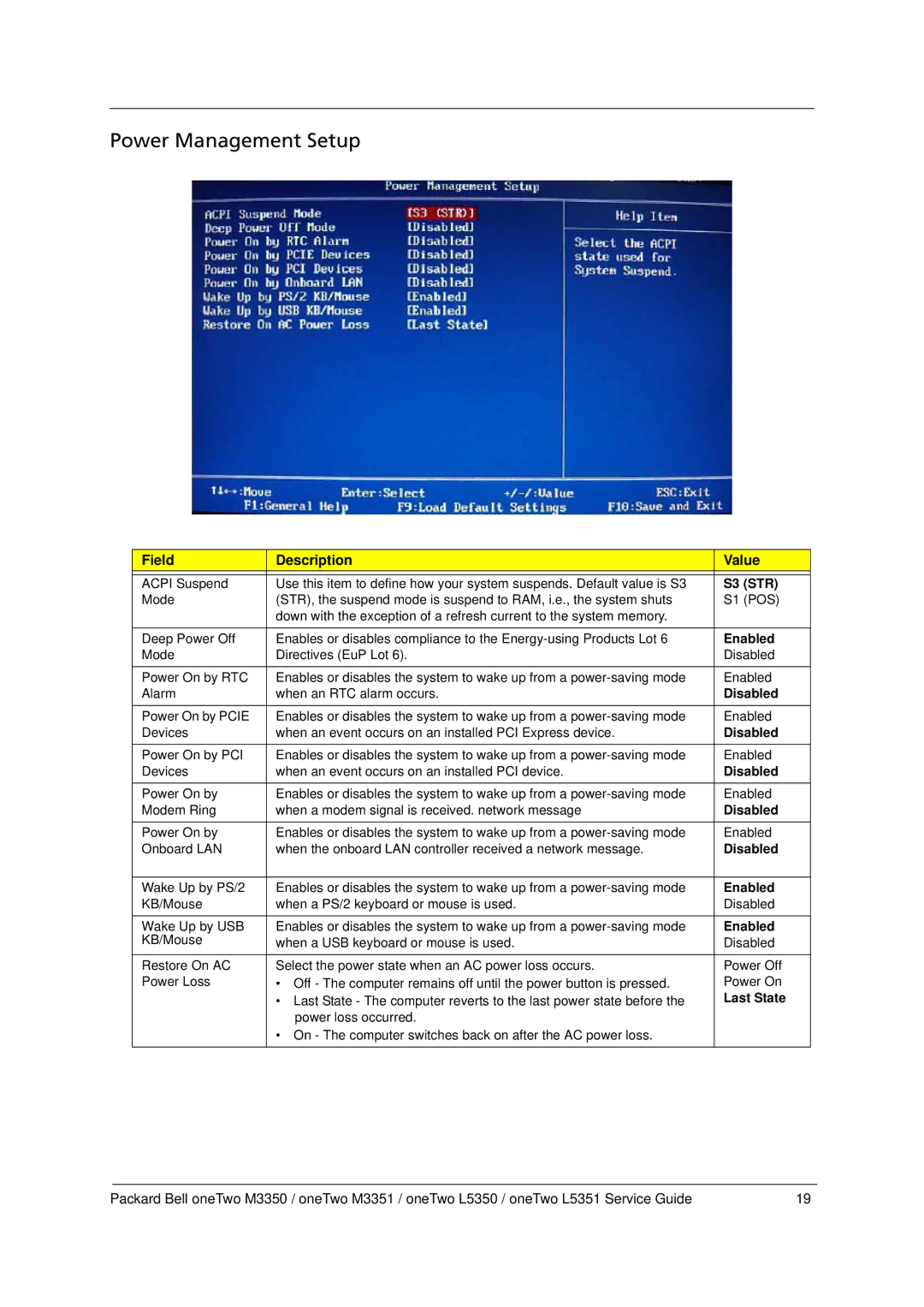 Packard Bell M3350 manual Power Management Setup, S3 STR 