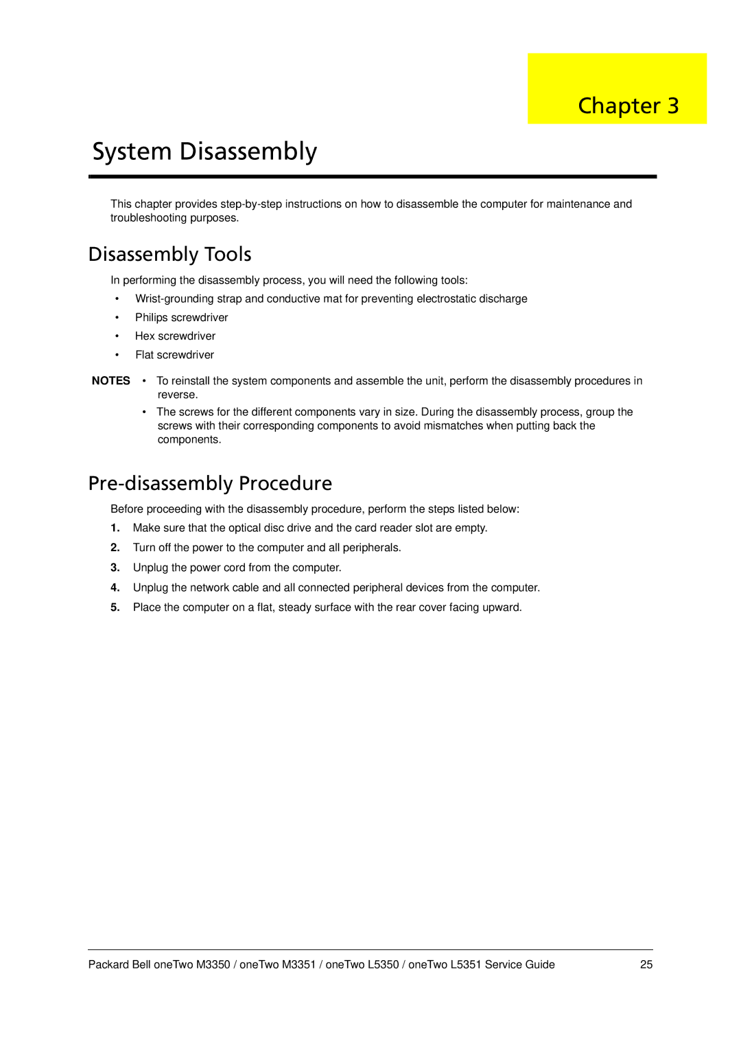 Packard Bell M3350 manual Disassembly Tools, Pre-disassembly Procedure 