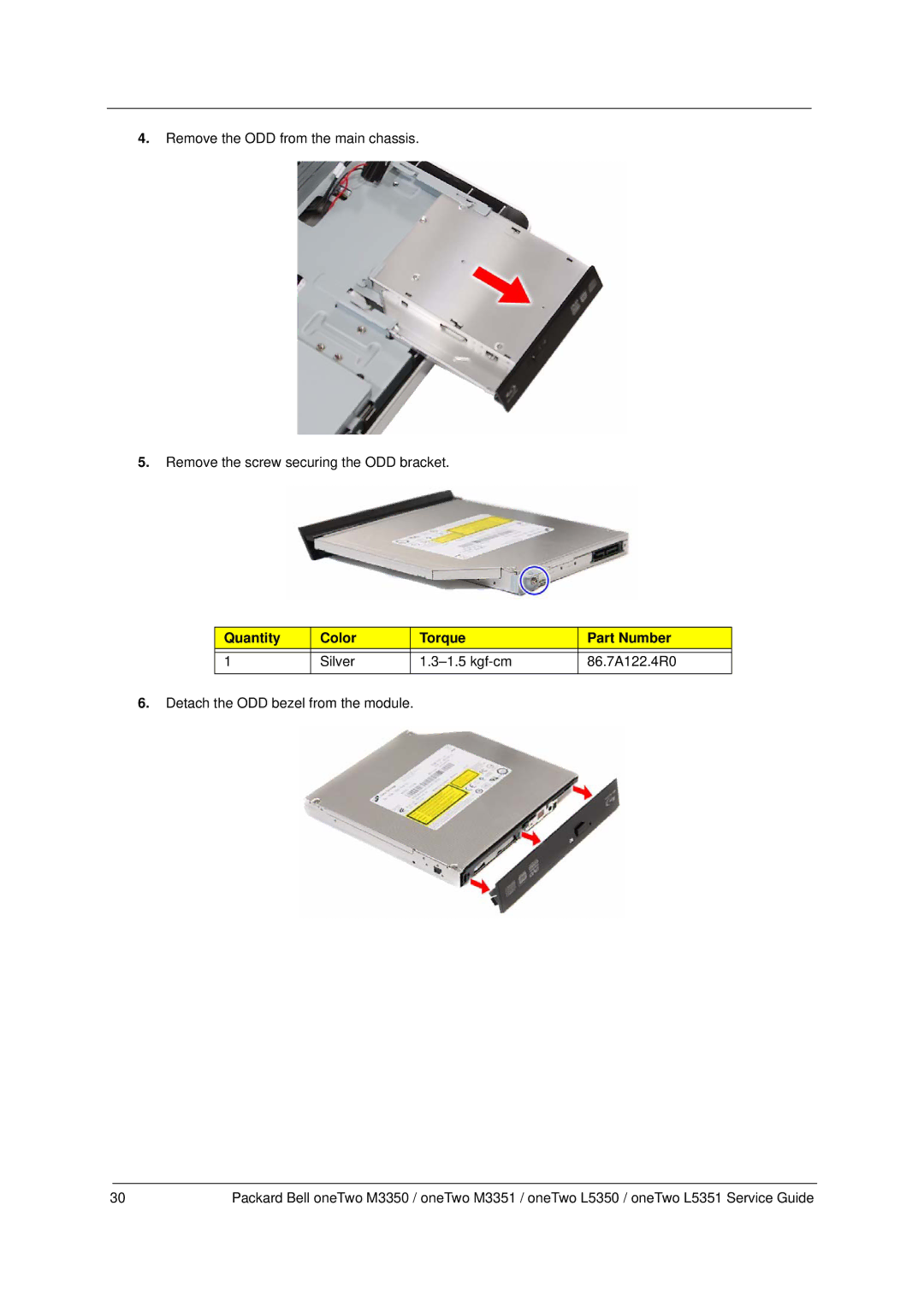 Packard Bell M3350 manual Quantity Color Torque Part Number 