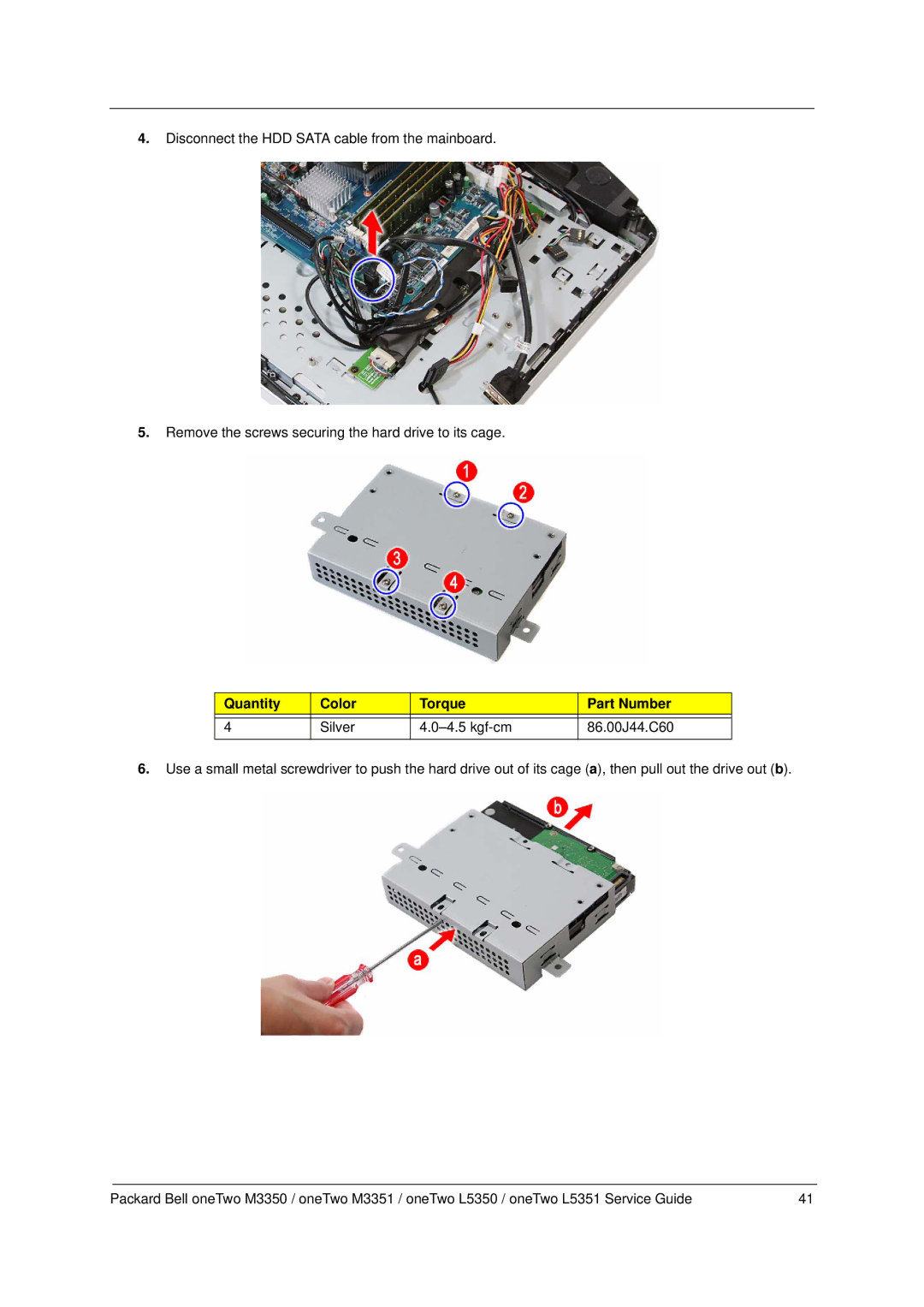 Packard Bell M3350 manual Quantity Color Torque Part Number 