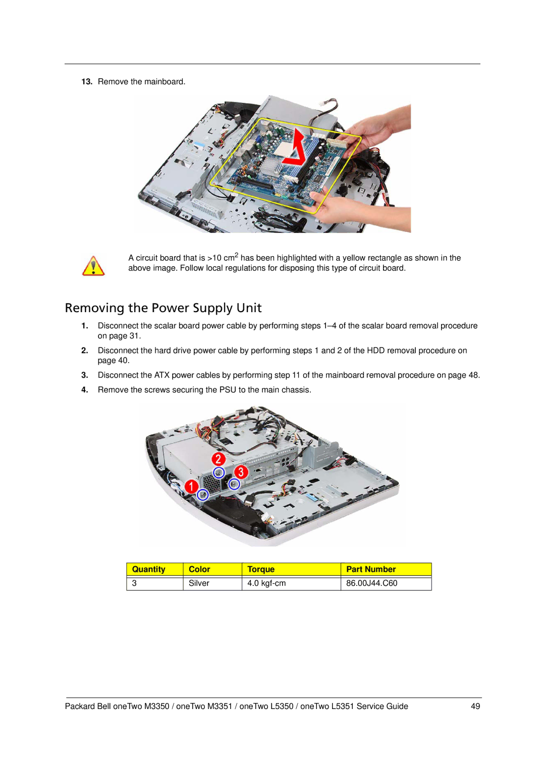 Packard Bell M3350 manual Removing the Power Supply Unit 