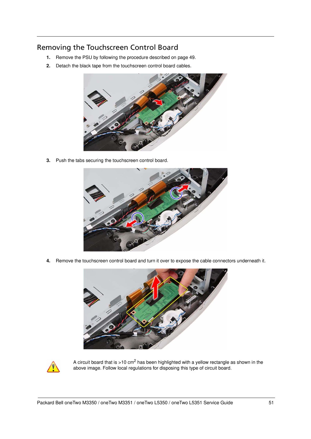 Packard Bell M3350 manual Removing the Touchscreen Control Board 