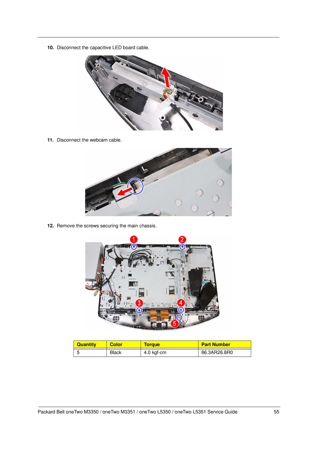 Packard Bell M3350 manual Quantity Color Torque Part Number 