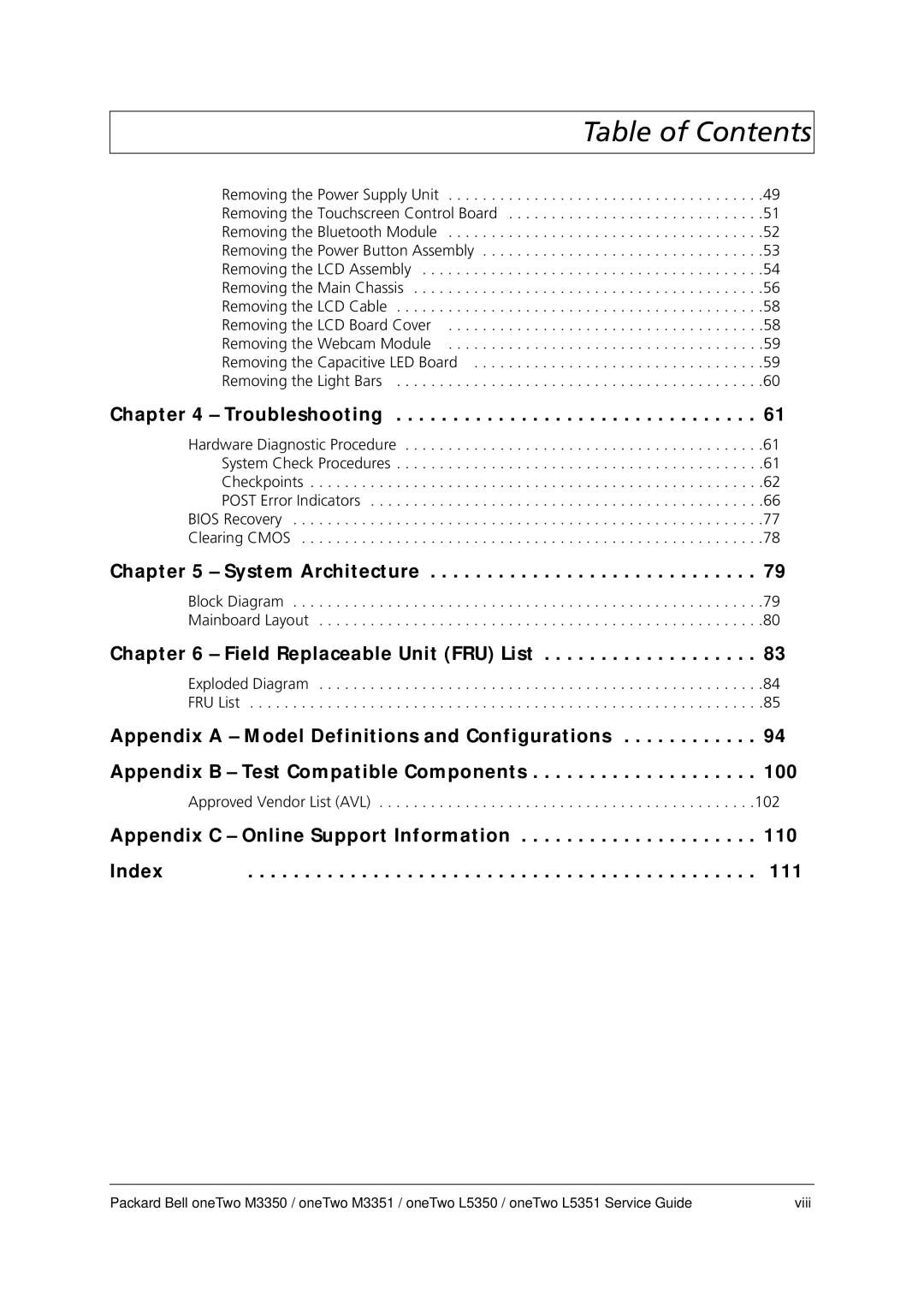 Packard Bell M3350 manual Appendix C Online Support Information 110 Index 111 