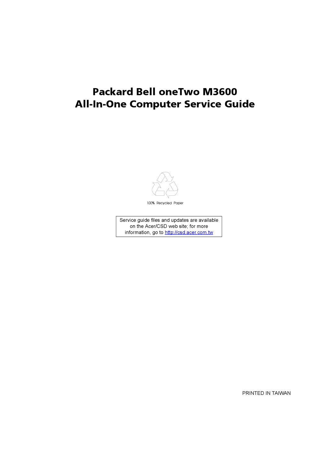 Packard Bell manual Packard Bell oneTwo M3600 All-In-One Computer Service Guide 