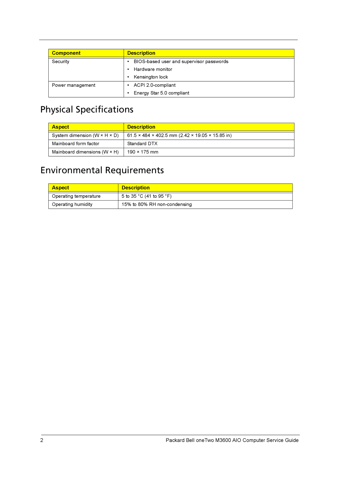 Packard Bell M3600 manual Physical Specifications, Environmental Requirements, Aspect Description 