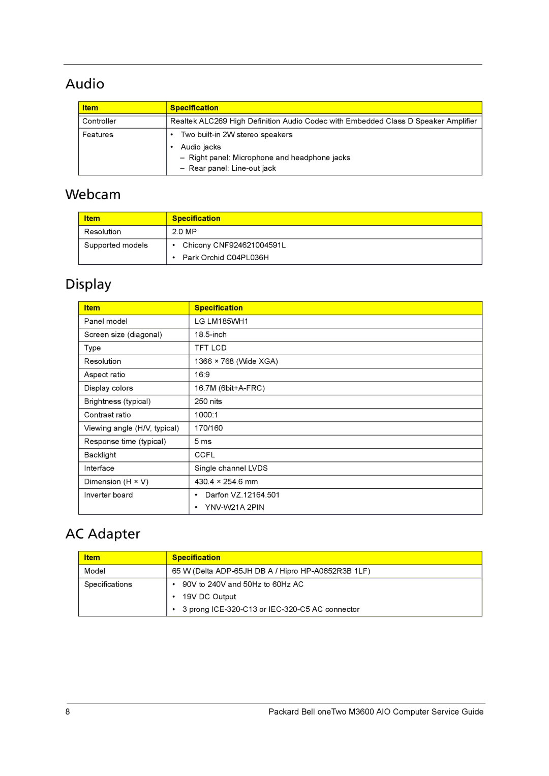 Packard Bell M3600 manual Audio, Webcam, Display, AC Adapter 