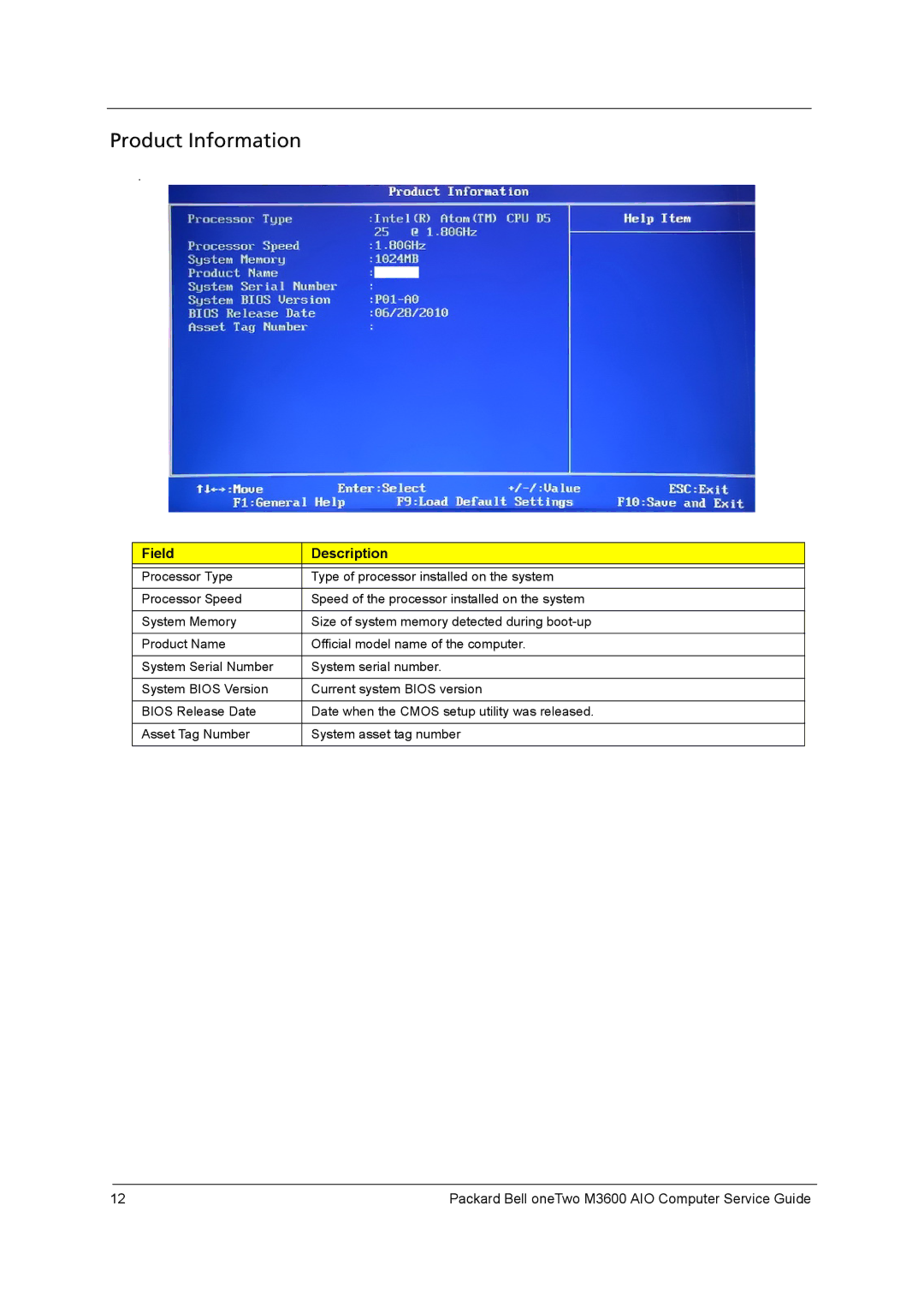 Packard Bell M3600 manual Product Information, Field Description 