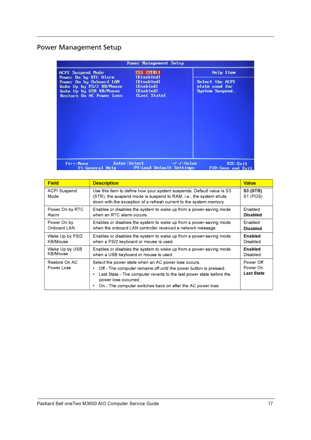 Packard Bell M3600 manual Power Management Setup, S3 STR, Last State 