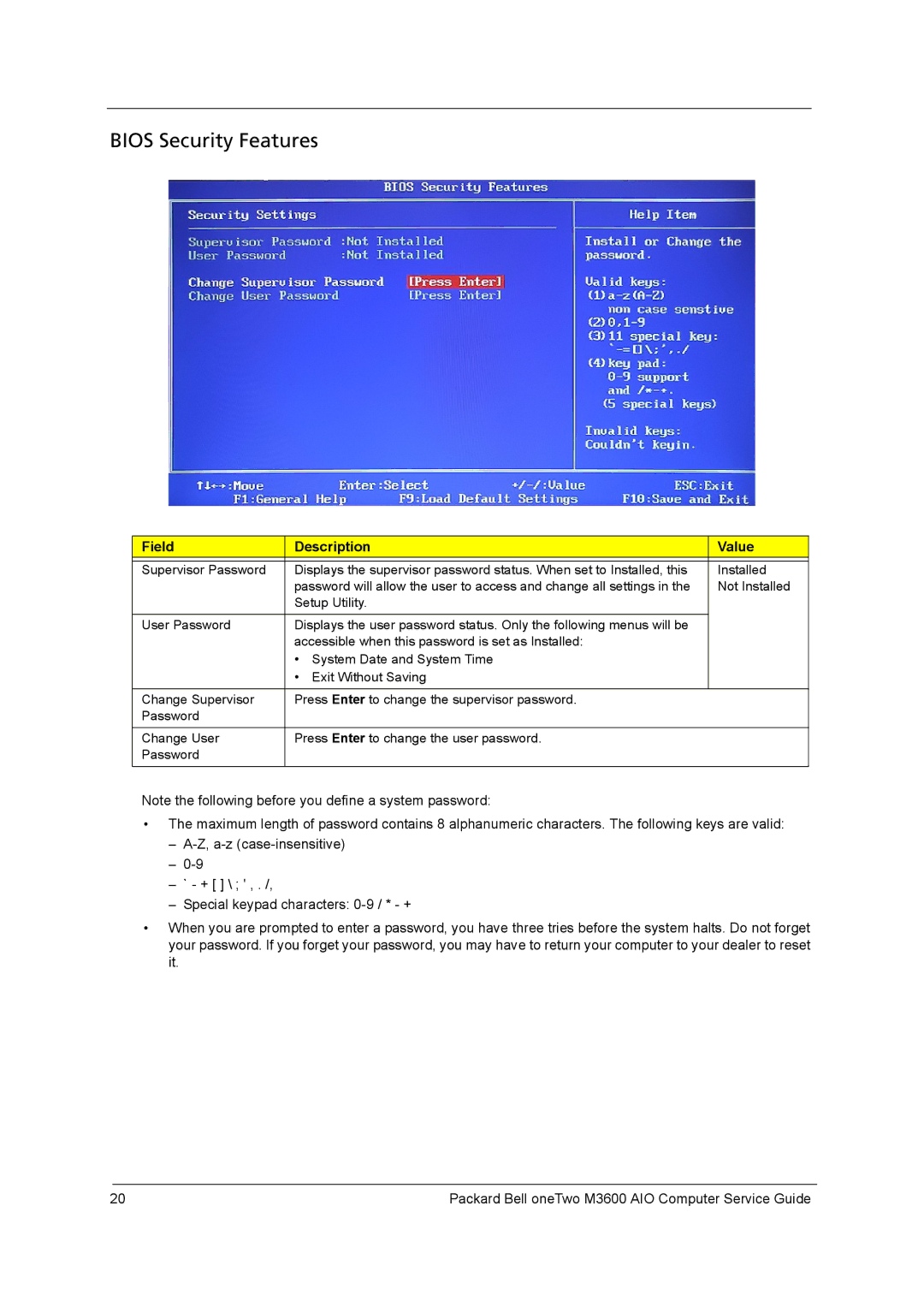 Packard Bell M3600 manual Bios Security Features 