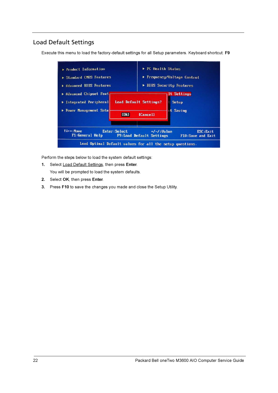 Packard Bell M3600 manual Load Default Settings 