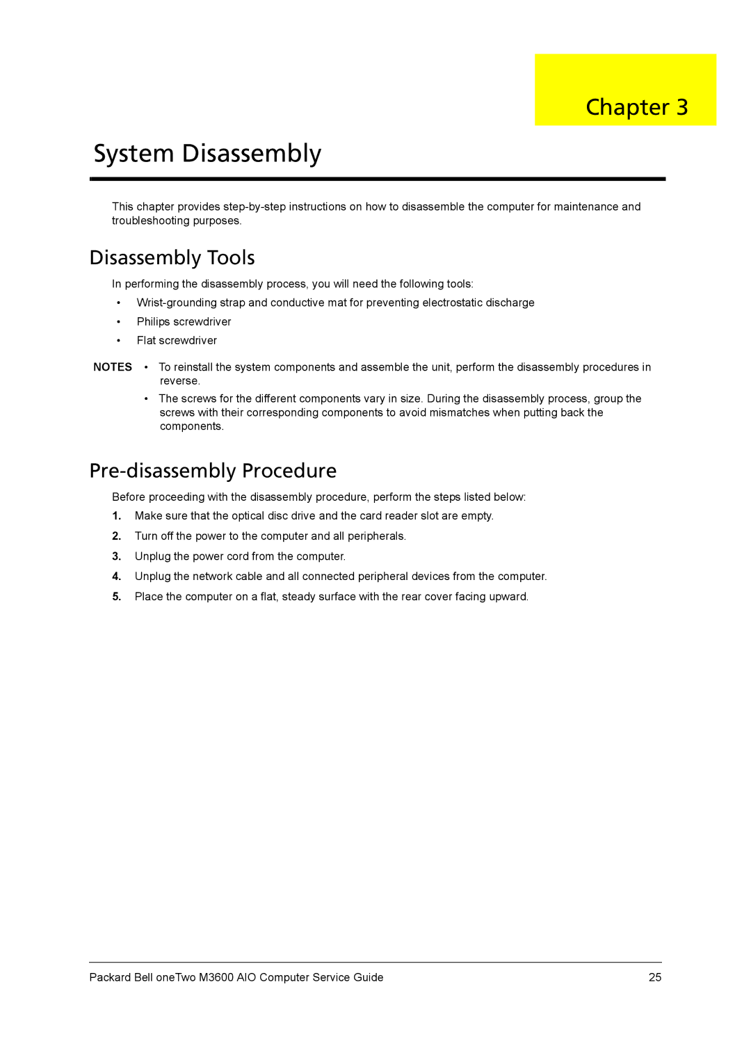 Packard Bell M3600 manual System Disassembly, Disassembly Tools, Pre-disassembly Procedure 