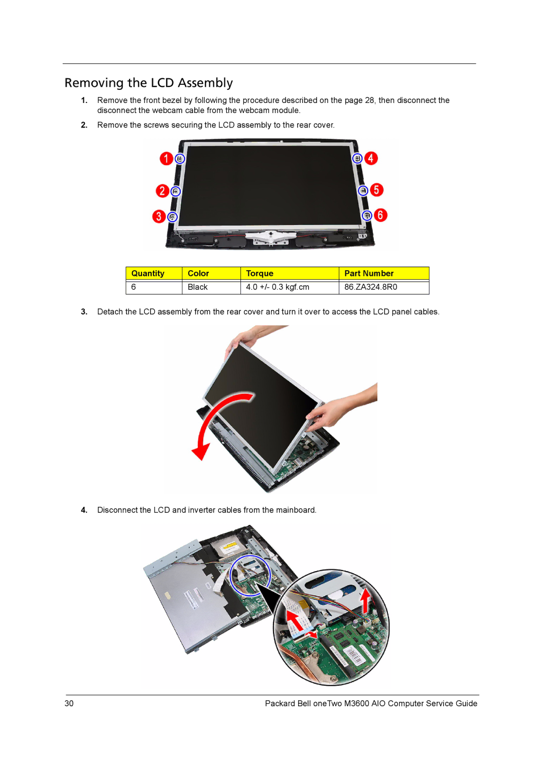 Packard Bell M3600 manual Removing the LCD Assembly 