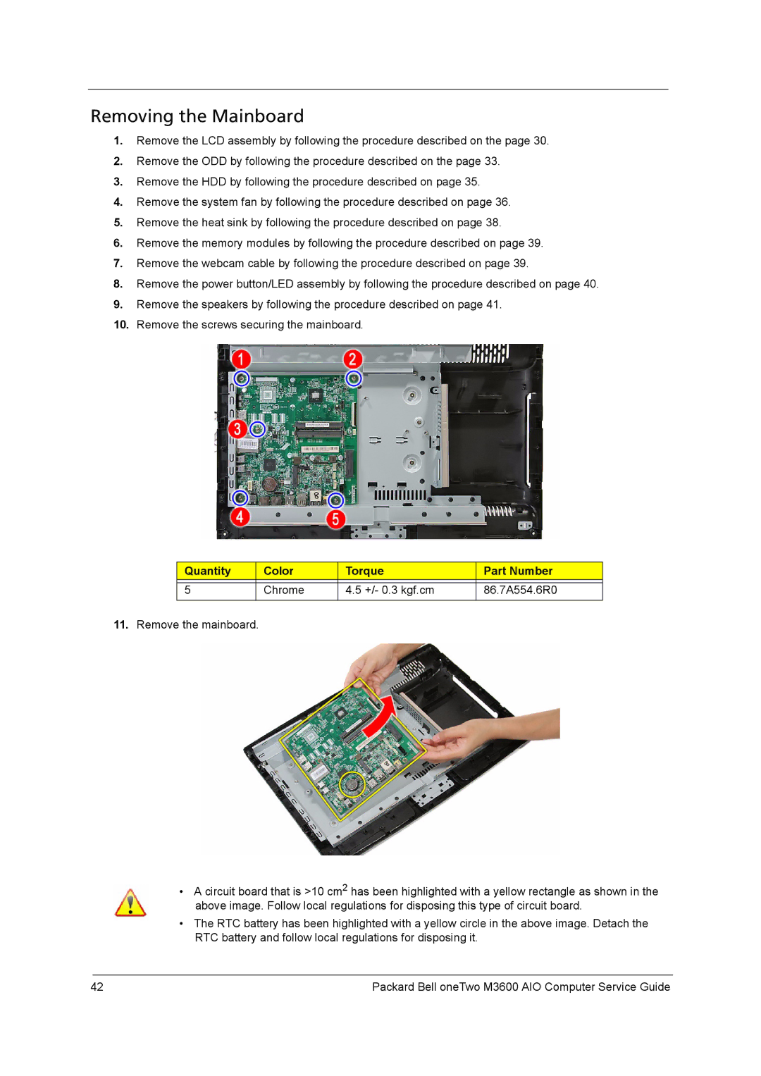 Packard Bell M3600 manual Removing the Mainboard 