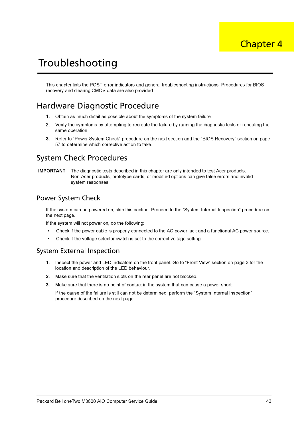 Packard Bell M3600 manual Troubleshooting, Hardware Diagnostic Procedure, System Check Procedures, Power System Check 