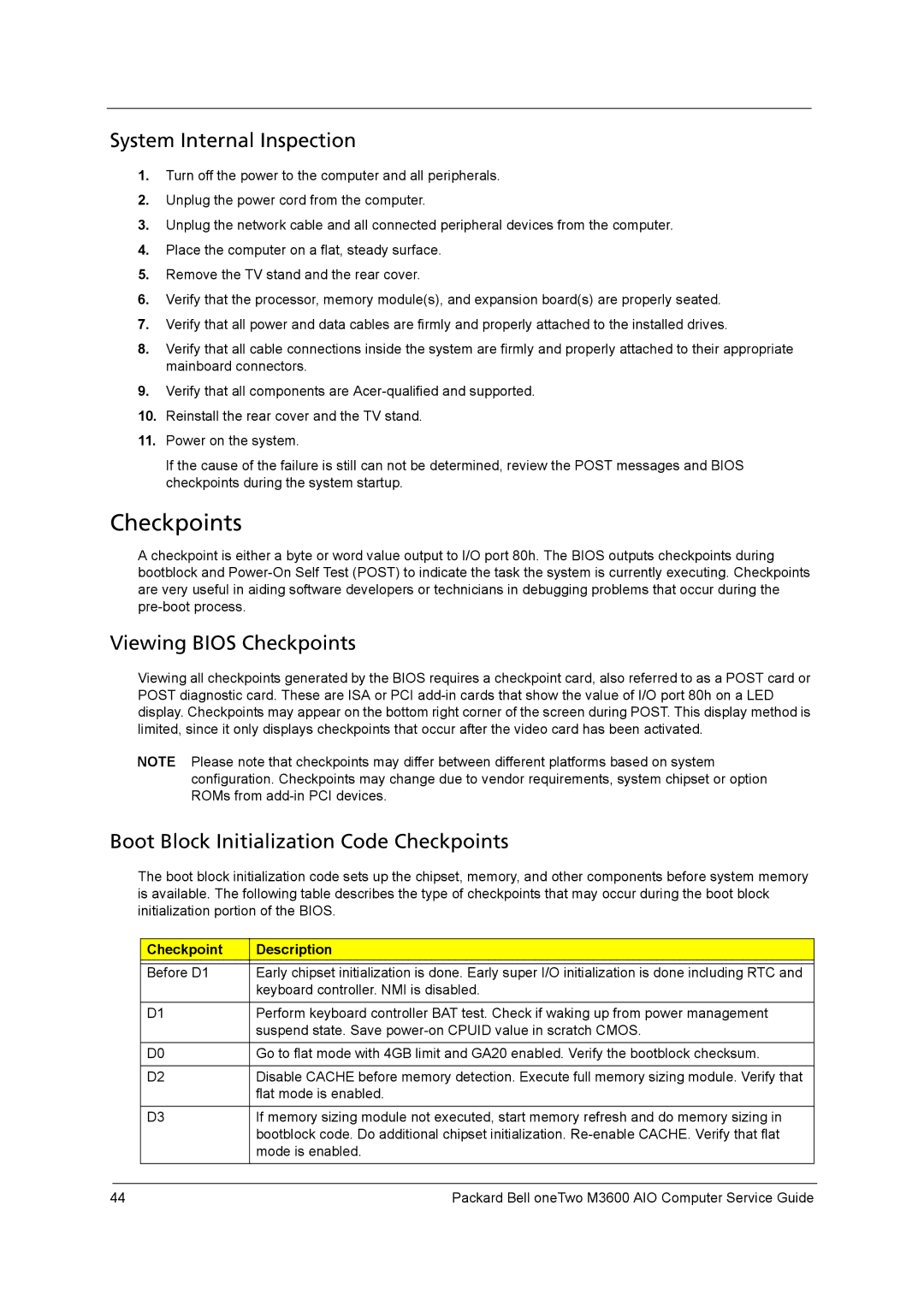 Packard Bell M3600 System Internal Inspection, Viewing Bios Checkpoints, Boot Block Initialization Code Checkpoints 