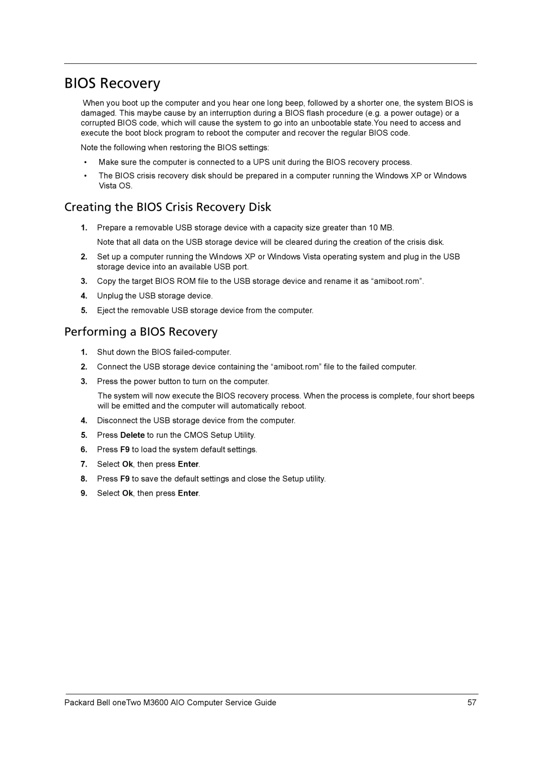 Packard Bell M3600 manual Creating the Bios Crisis Recovery Disk, Performing a Bios Recovery 