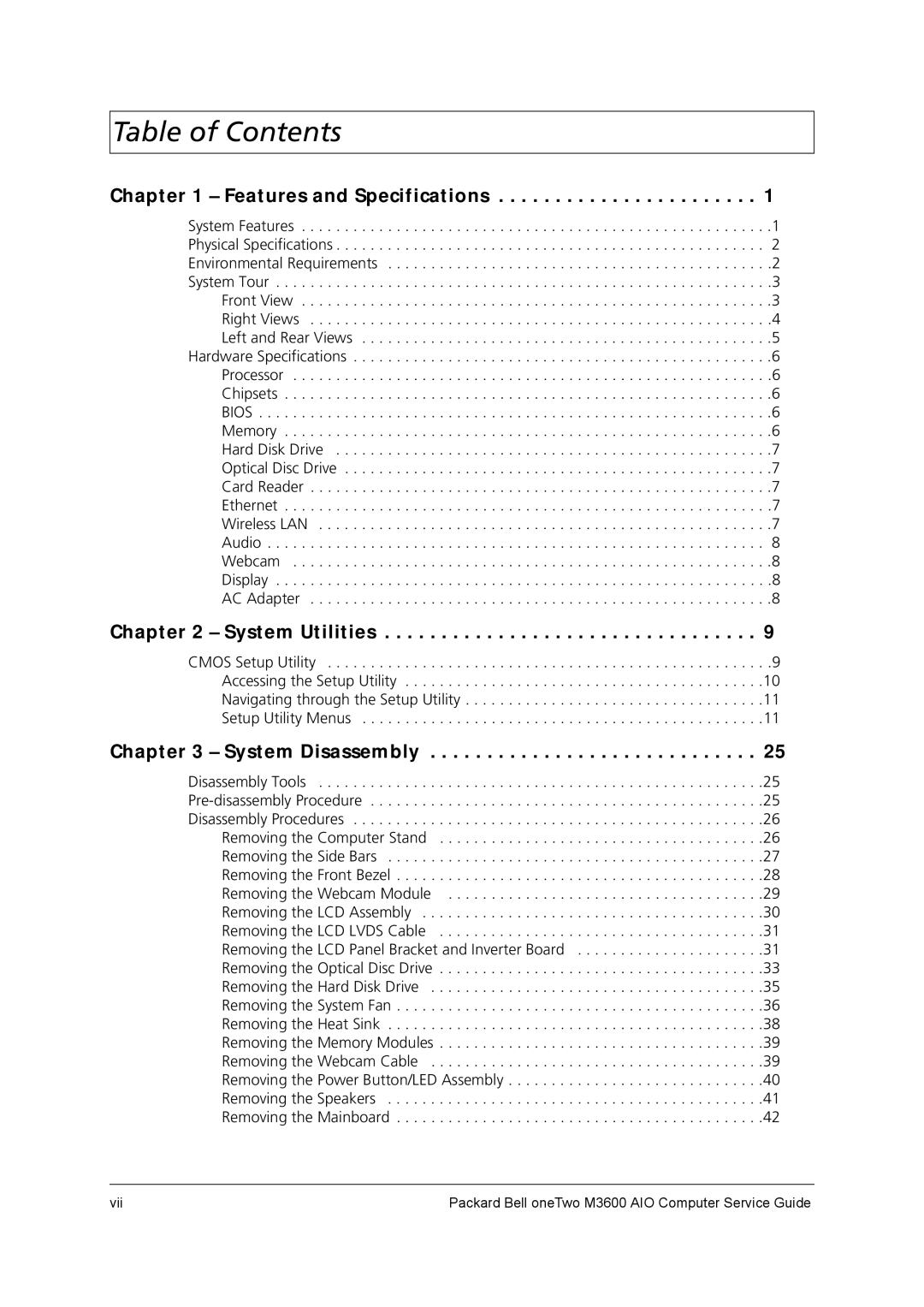 Packard Bell M3600 manual Table of Contents 