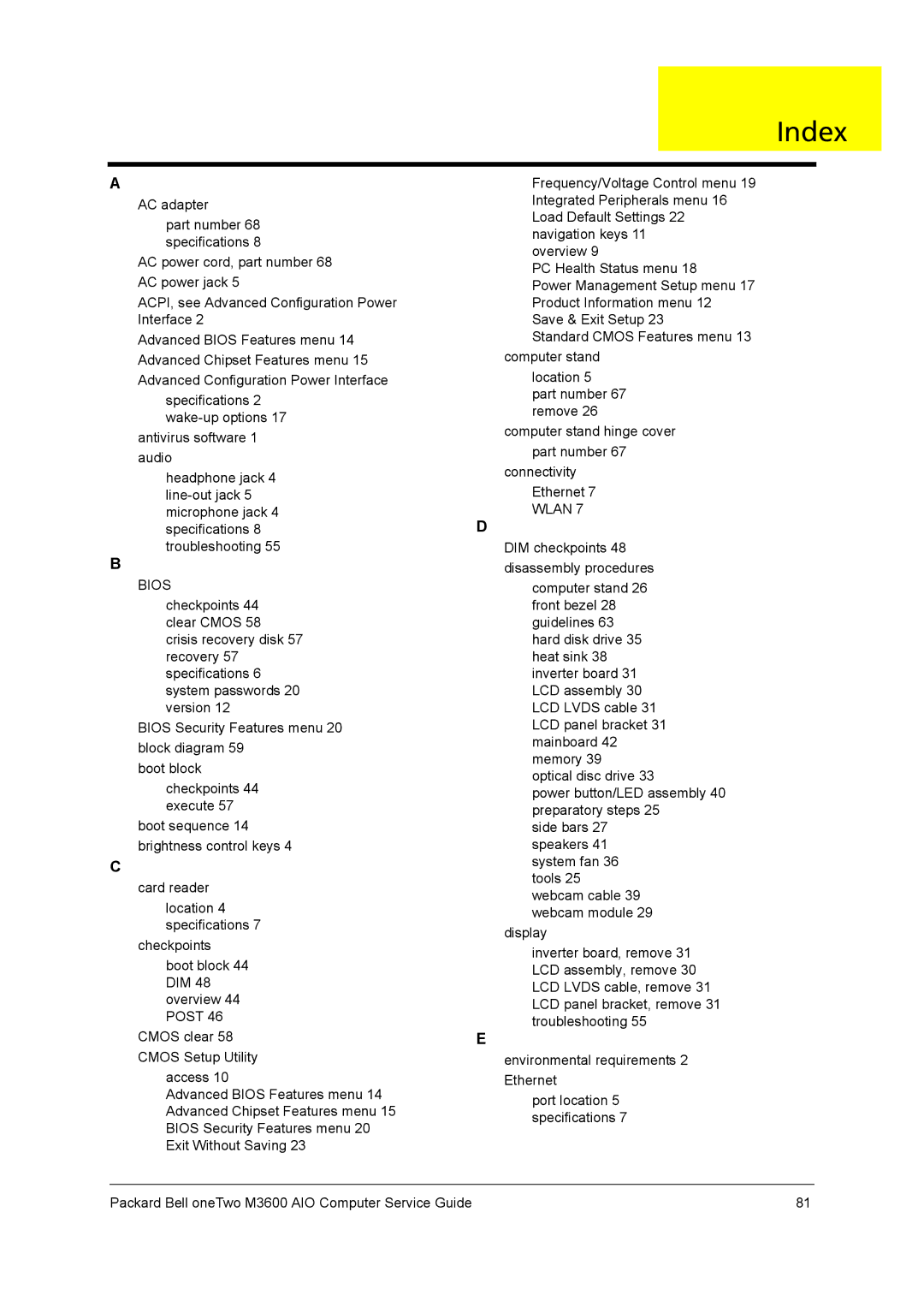 Packard Bell M3600 manual Index 