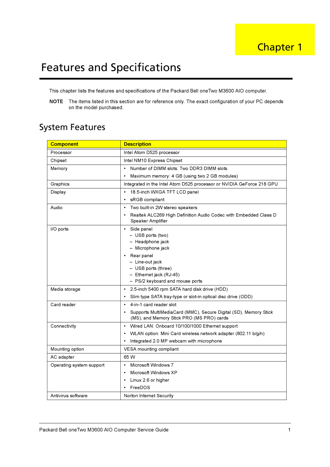 Packard Bell M3600 manual Features and Specifications, System Features, Component Description 