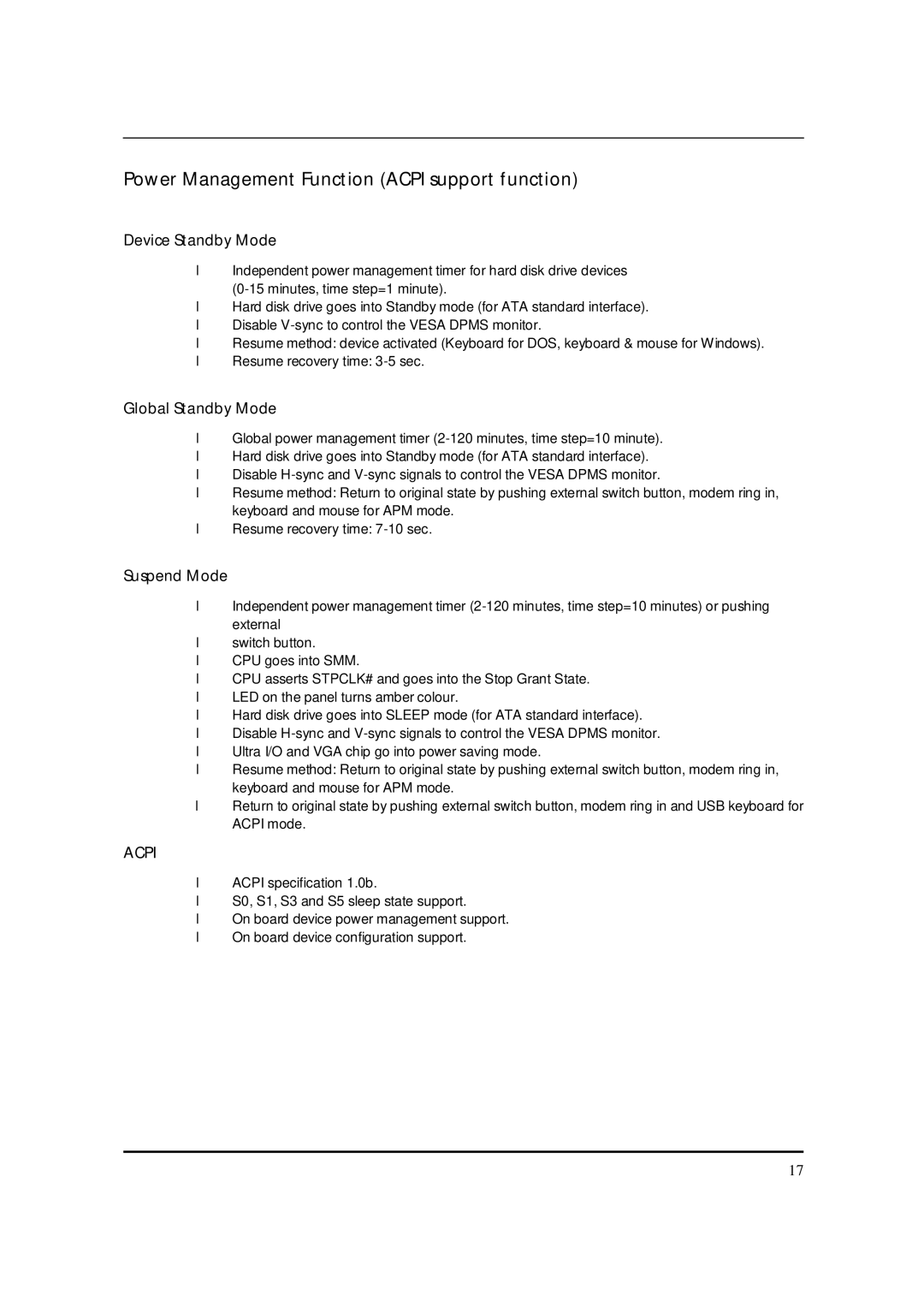Packard Bell M5801 Power Management Function Acpi support function, Device Standby Mode, Global Standby Mode, Suspend Mode 