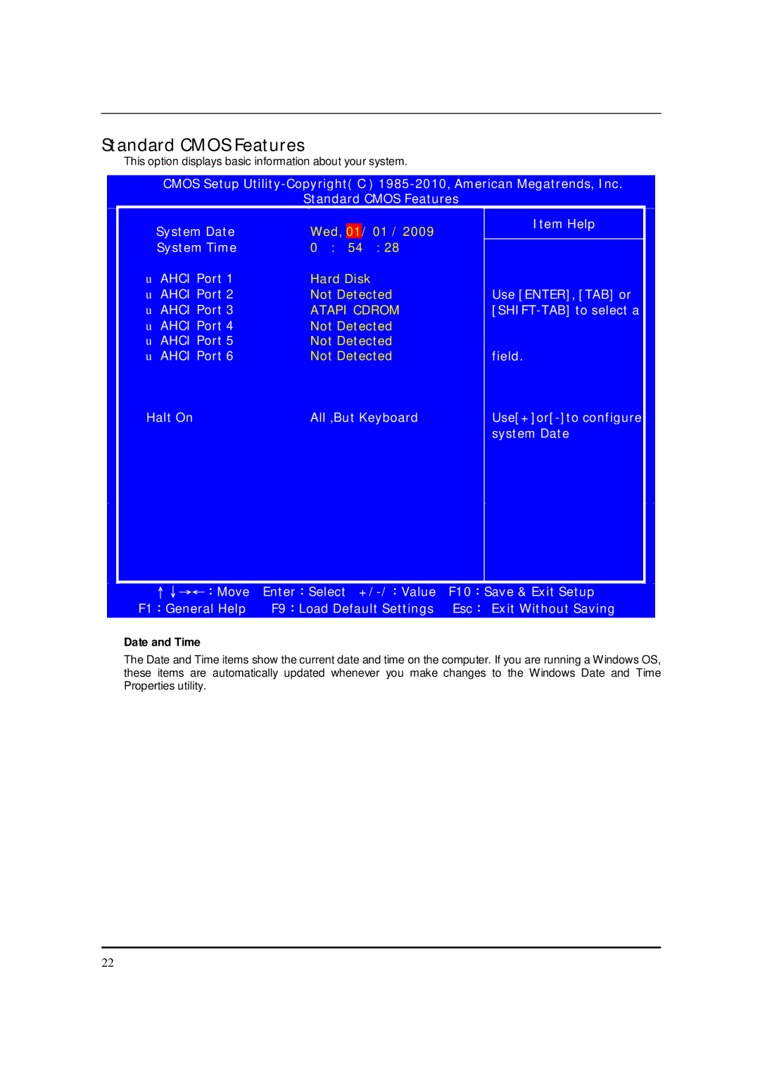 Packard Bell M5801 manual Standard Cmos Features, Date and Time 