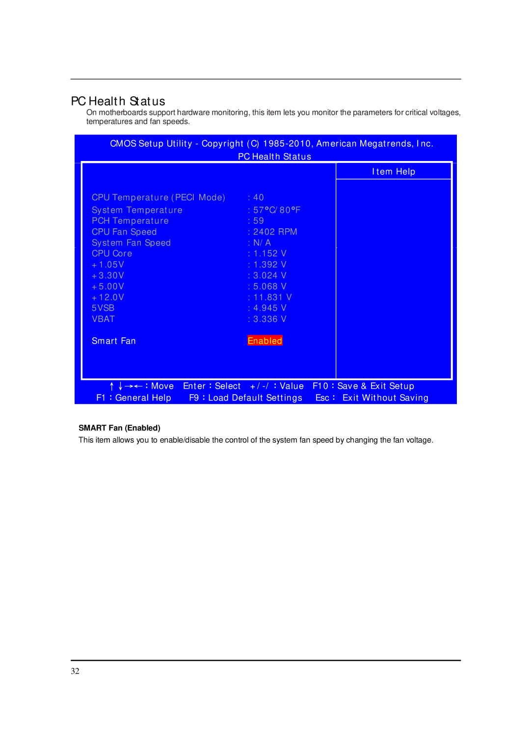 Packard Bell M5801 manual PC Health Status, Smart Fan Enabled 