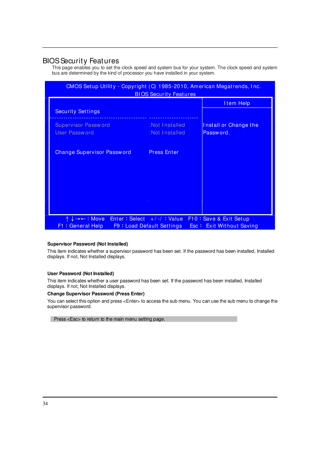 Packard Bell M5801 manual Bios Security Features, Supervisor Password Not Installed, User Password Not Installed 