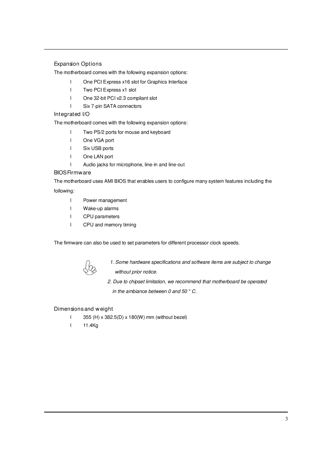 Packard Bell M5801 manual Expansion Options, Integrated I/O, Bios Firmware, Dimensions and weight 