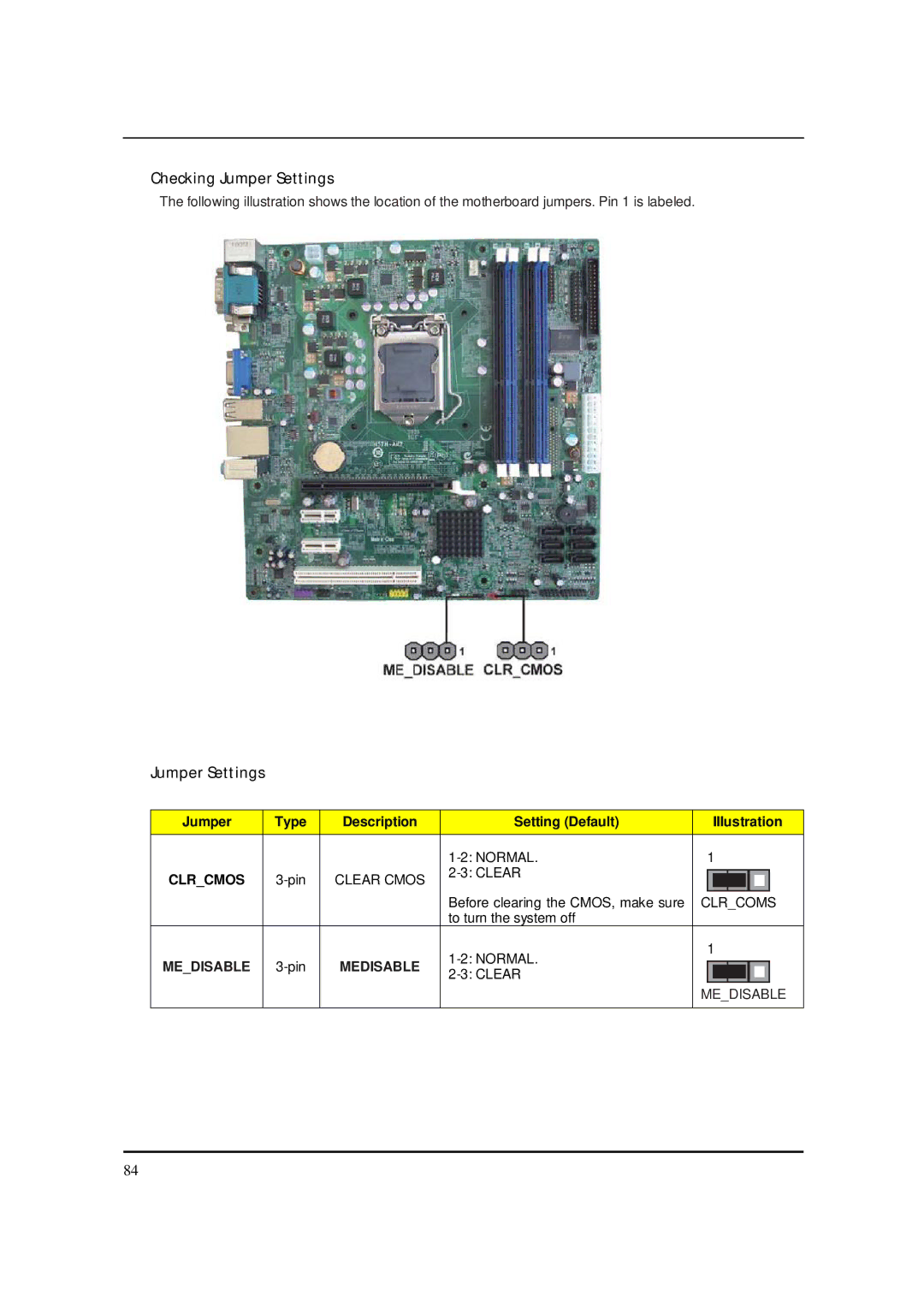 Packard Bell M5801 manual Checking Jumper Settings, Jumper Type Description Setting Default IIIustration 