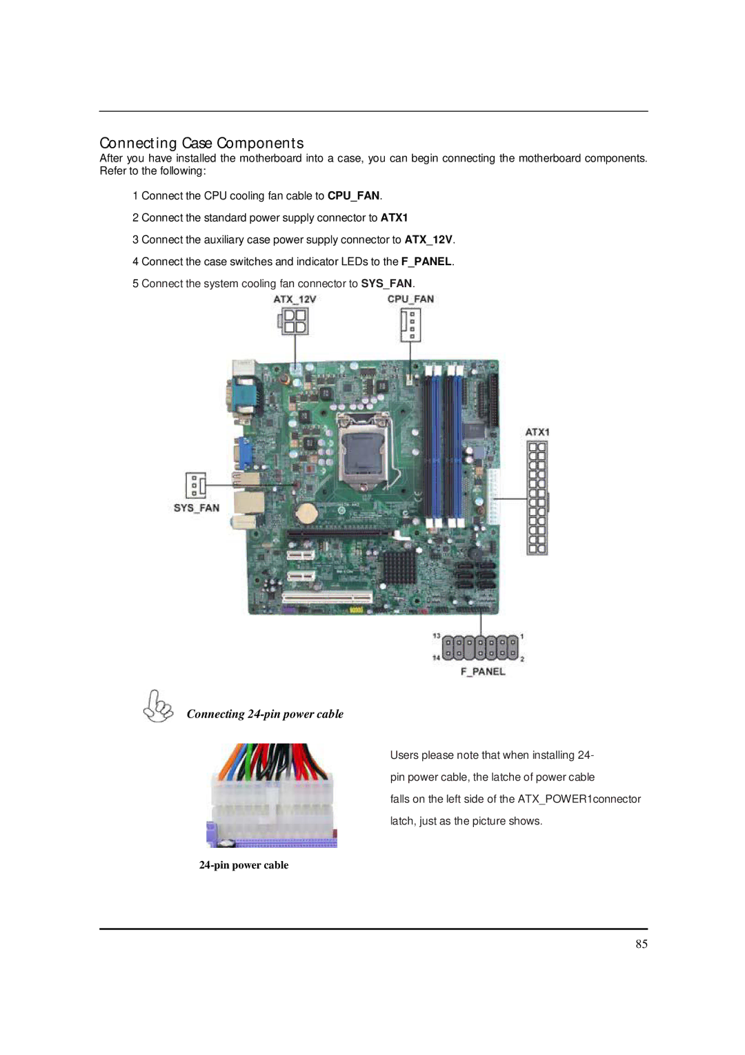 Packard Bell M5801 manual Connecting Case Components, Connecting 24-pin power cable 